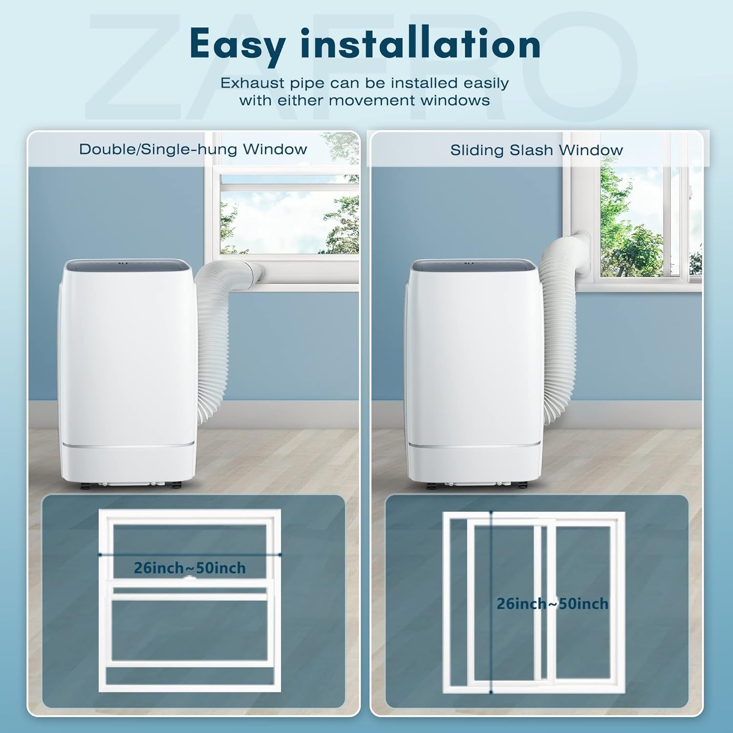 Diagram showing installation of the exhaust pipe in double/single-hung and sliding slash windows.