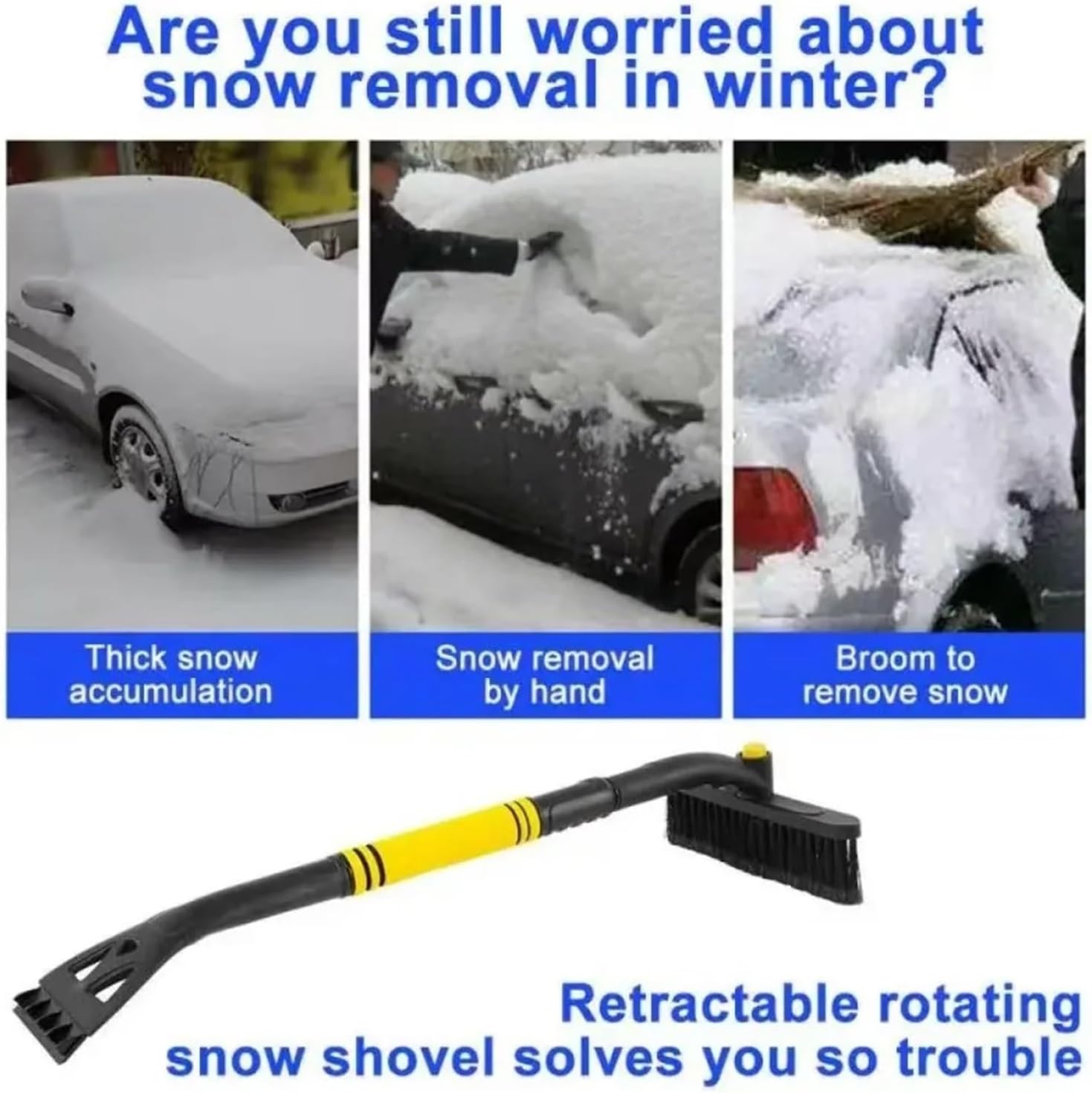 3 in 1 Retractable car Snow Shovel with Brush - Removable ice Scraper Winter defrost and Snow Removal, ABS, Yellow(Blue)