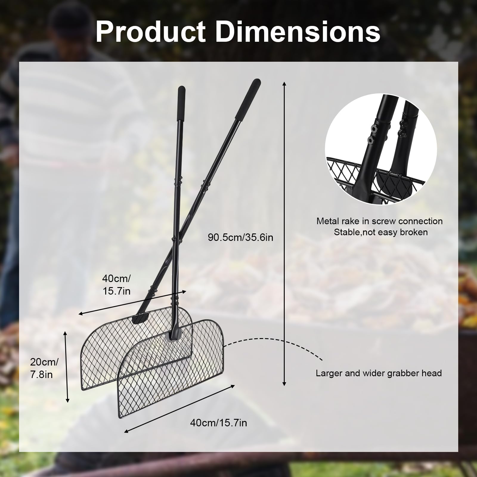 Rastrello per foglie con manico lungo, raccoglie foglie da giardino, in metallo, con rastrello in metallo largo 40 cm, per raccogliere foglie, erba