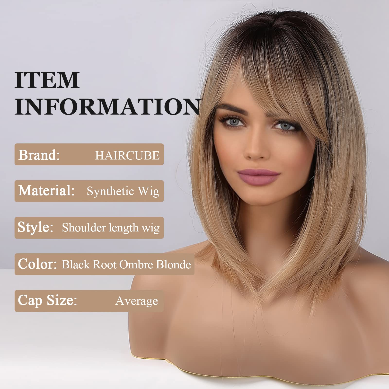 HAIRCUBE recto y corto encanto Bob lleva peluca para mujeres fiesta de fibra sintética resistente al calor natural/juego de roles/ropa/peluca diaria (Raíces marrones sombras Rubias) — view 3