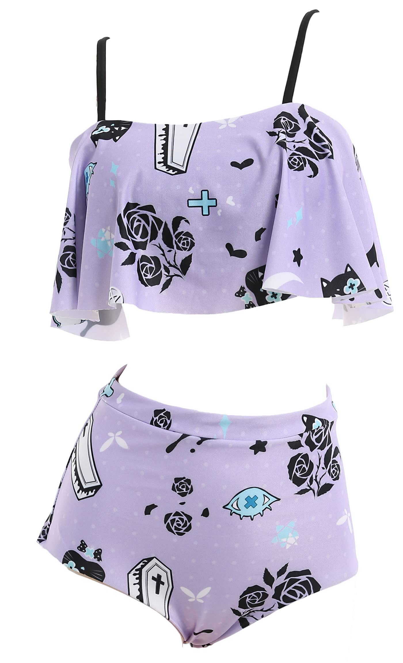 MEOWCOSWomen's Swimming Suit Bikini Gothic Pattern Ruffled Bathing Suit Two Piece Swimwear