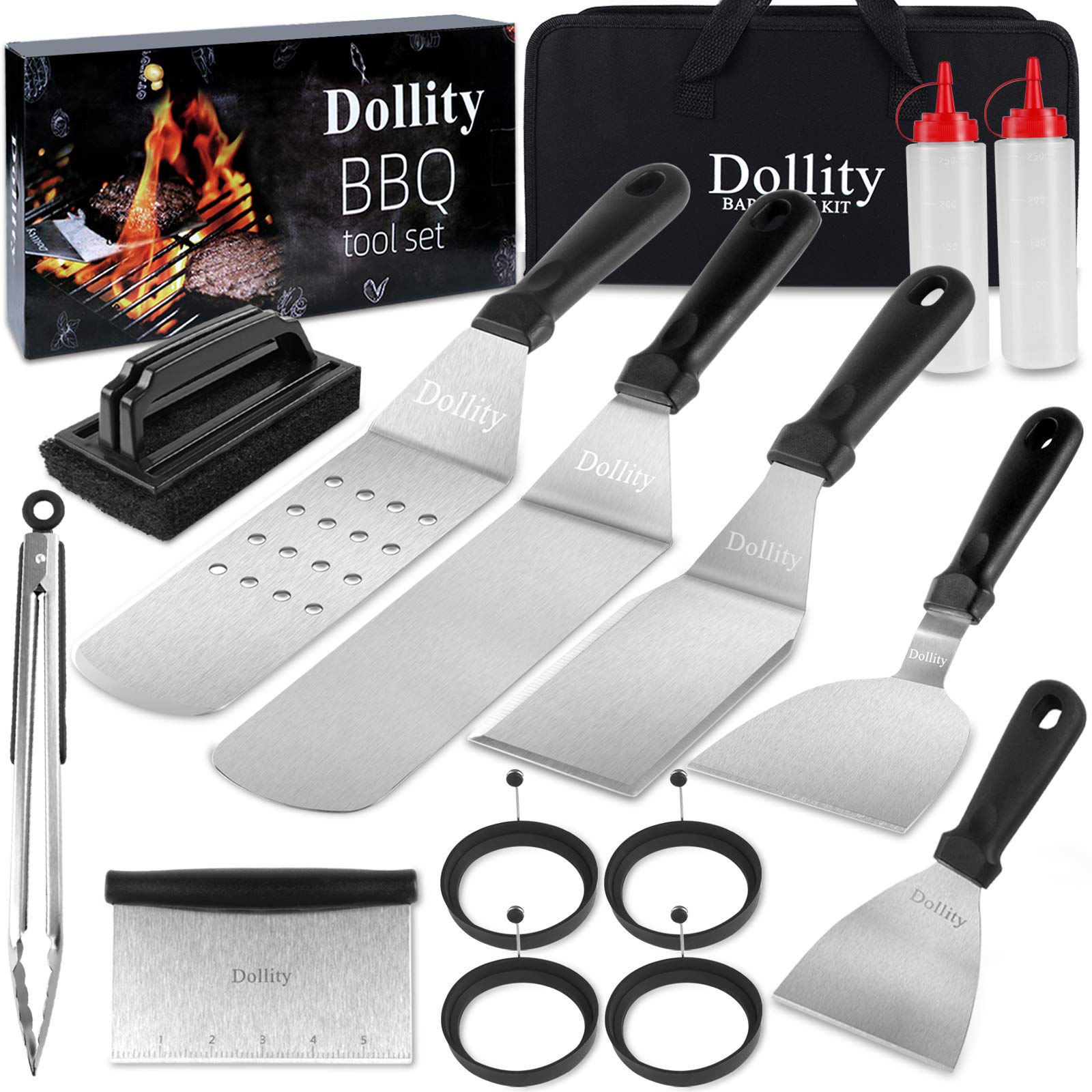 Griddle Accessories Kit for Blackstone , 16 PCS Flat Top Chef Grill Accessories Set with Egg Rings Metal Scraper Spatula Cleaning Brush Carry Bag for Outdoor BBQ Hibachi Teppanyaki Gas Grill Station