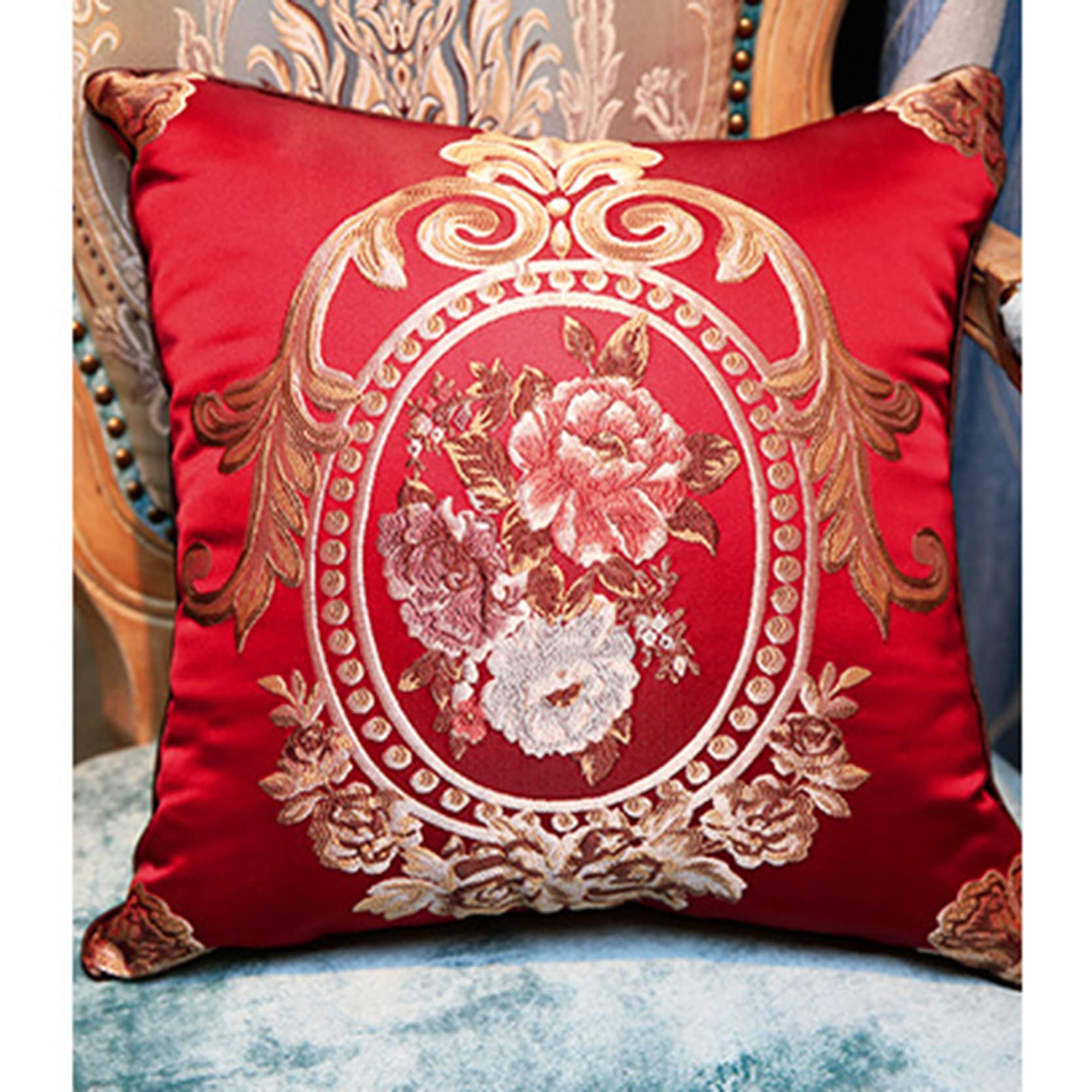 Funda de Almohada Decorativa Seda Estilo Chino, Fundas cojín satén 45 x cm, Paquete 2 cuadradas, Bordado Jacquard Retro Europeo, decoración del hogar(Red,45x45cm)