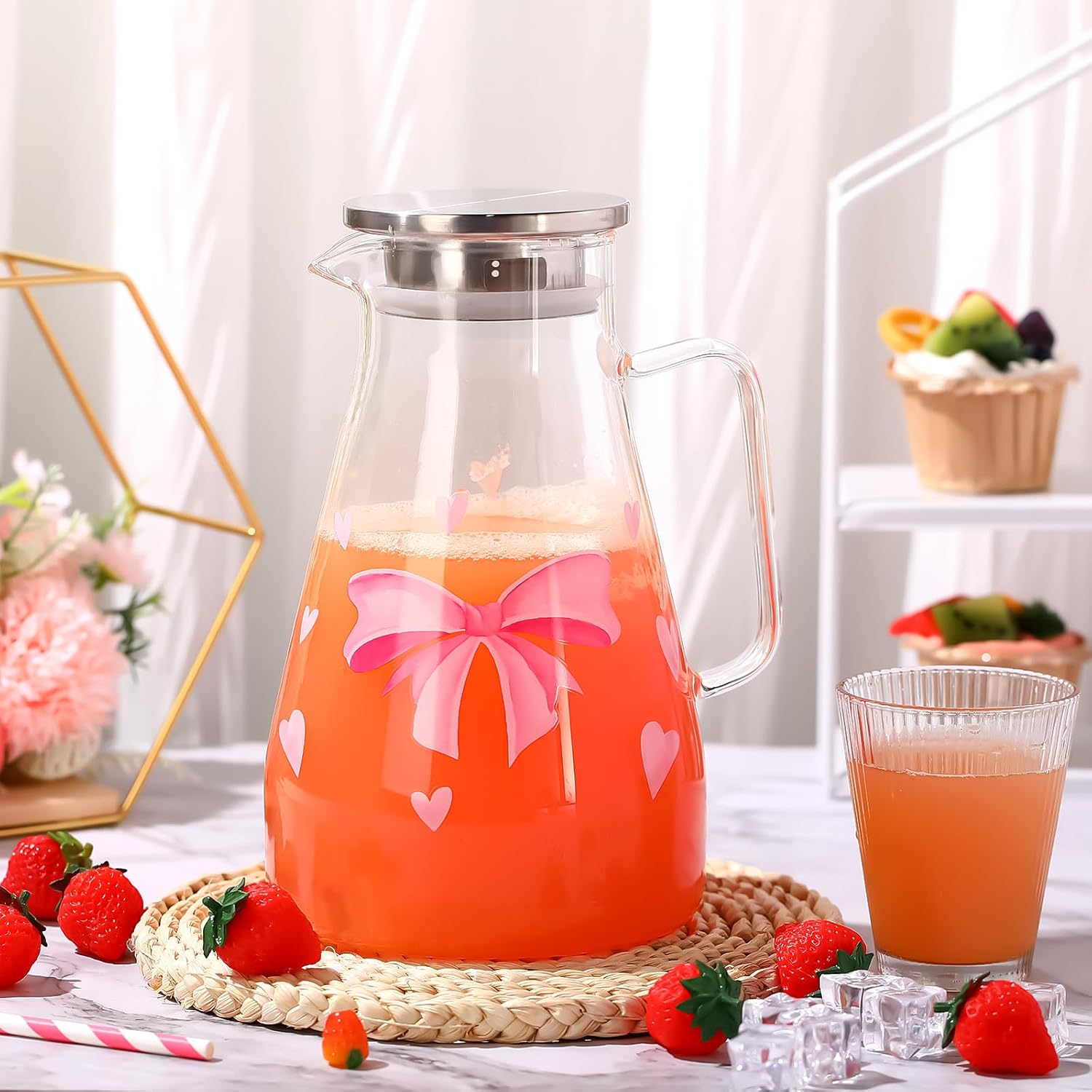domensi 74 oz / 2200 ml glass pitcher with lid water pitcher with handles beverage water jar glass jug hot and cold resistant carafe for tea juice milk coffee iced beverage (pink bow)