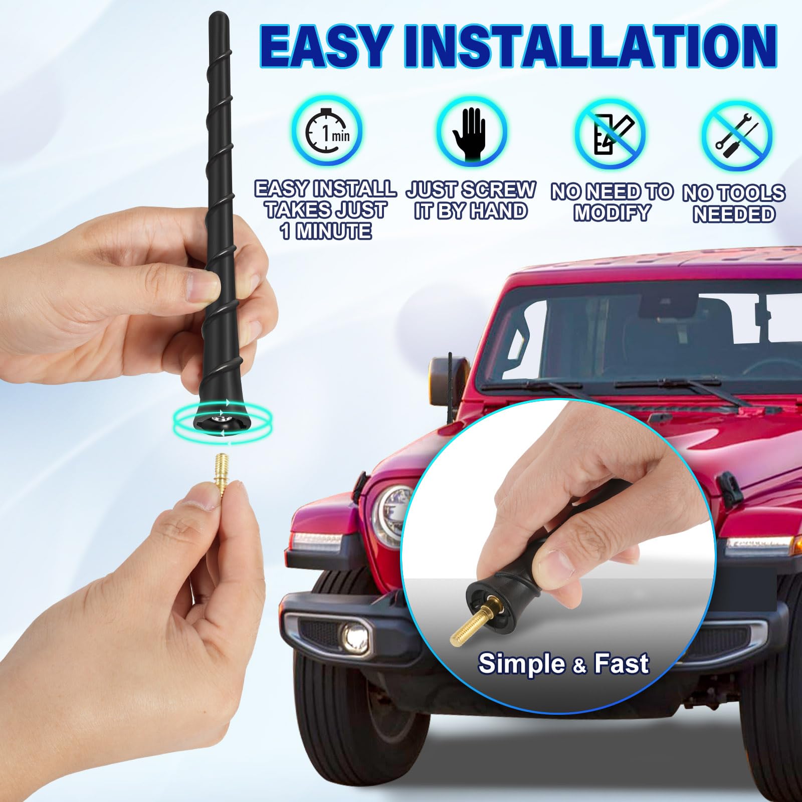 8-Inch Black Stainless Steel AM FM Antenna Mast – Fits 2007-2024 Jeep Wrangler & Gladiator