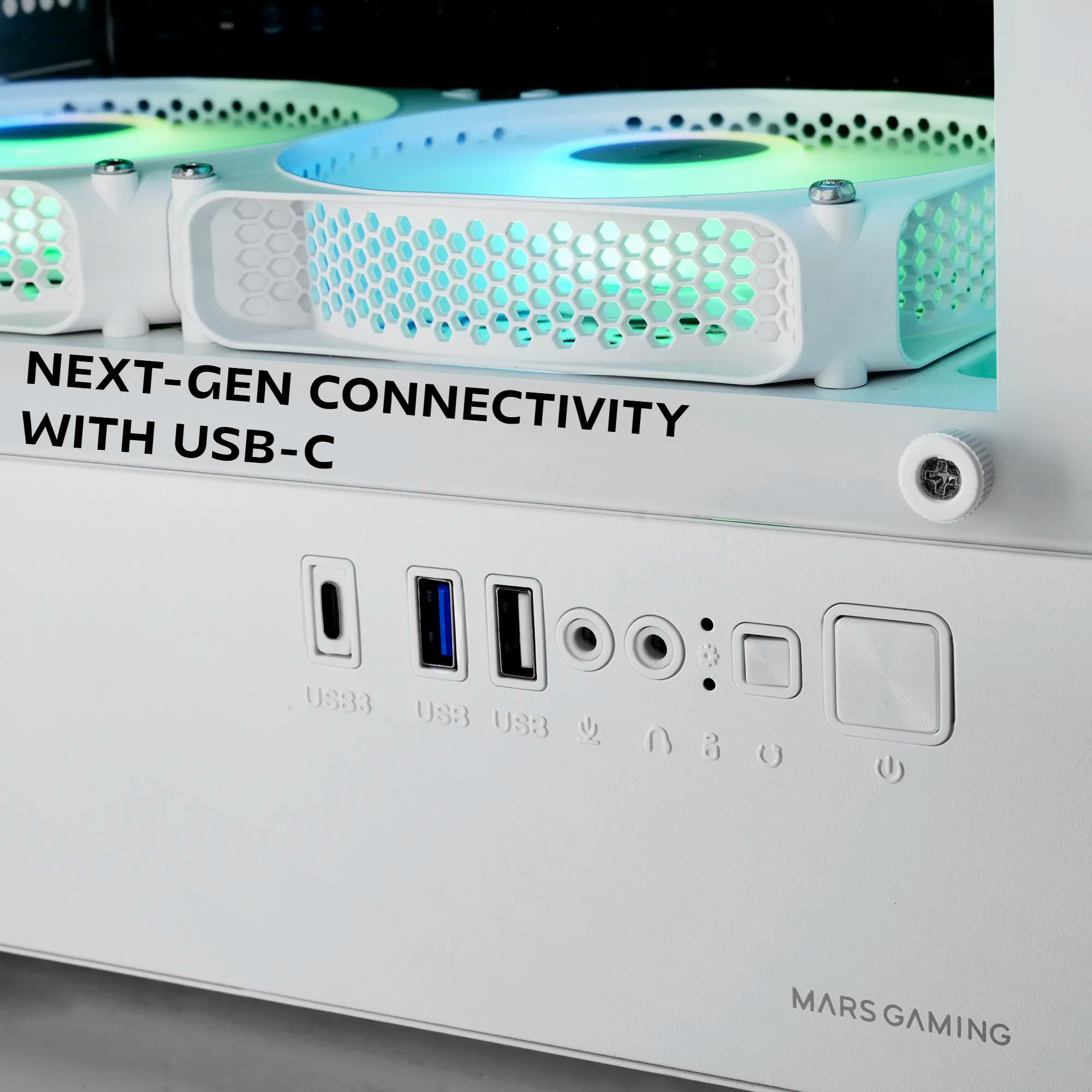 Mars Gaming MC-VECTOR, Case PC Gaming Micro-ATX e Mini-ITX, 4x Ventole ARGB FDB 120mm, Vetro Temperato, Frontale Mesh, Doppia Camera, Supporto Raffreddamento Liquido 120mm, USB-C, Bianco