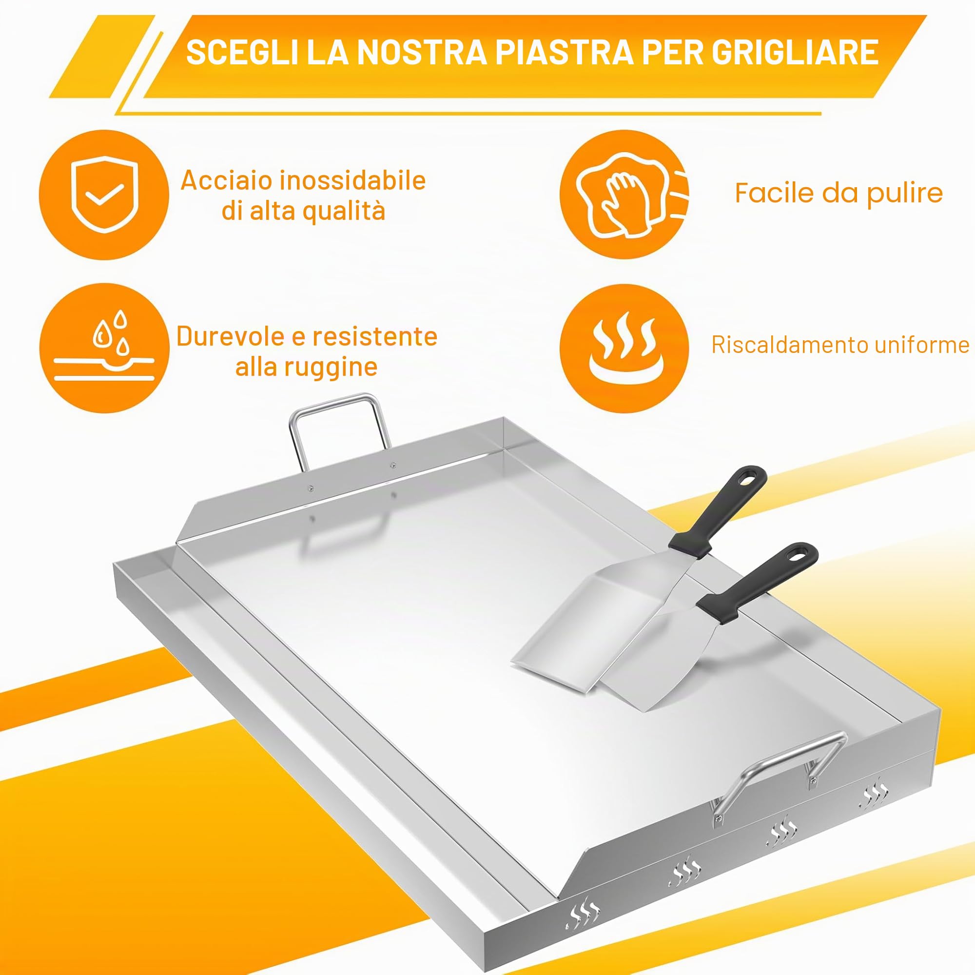 Froadp Piastra in acciaio inox | Piastra universale per barbecue 51x32x7 cm con canaletta per l'olio | Piastra per barbecue a gas e a carbonella | Accessori per barbecue inclusi spatola e manici