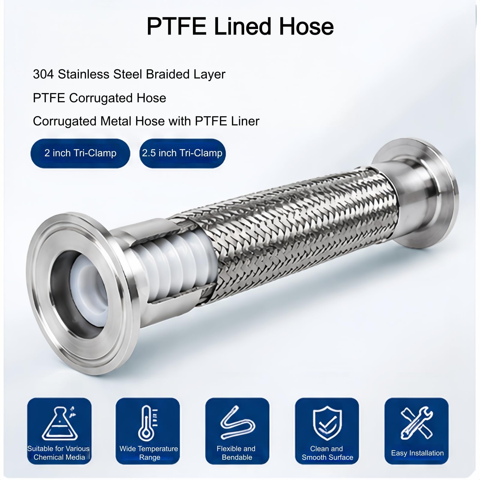 PTFE Wellschlauch mit 304 Edelstahlgeflecht 2 Zoll Tri-Clamp Flexibler Schlauch für Labor- und Industrieflüssigkeitstransfer 38mmx42mm,100cm