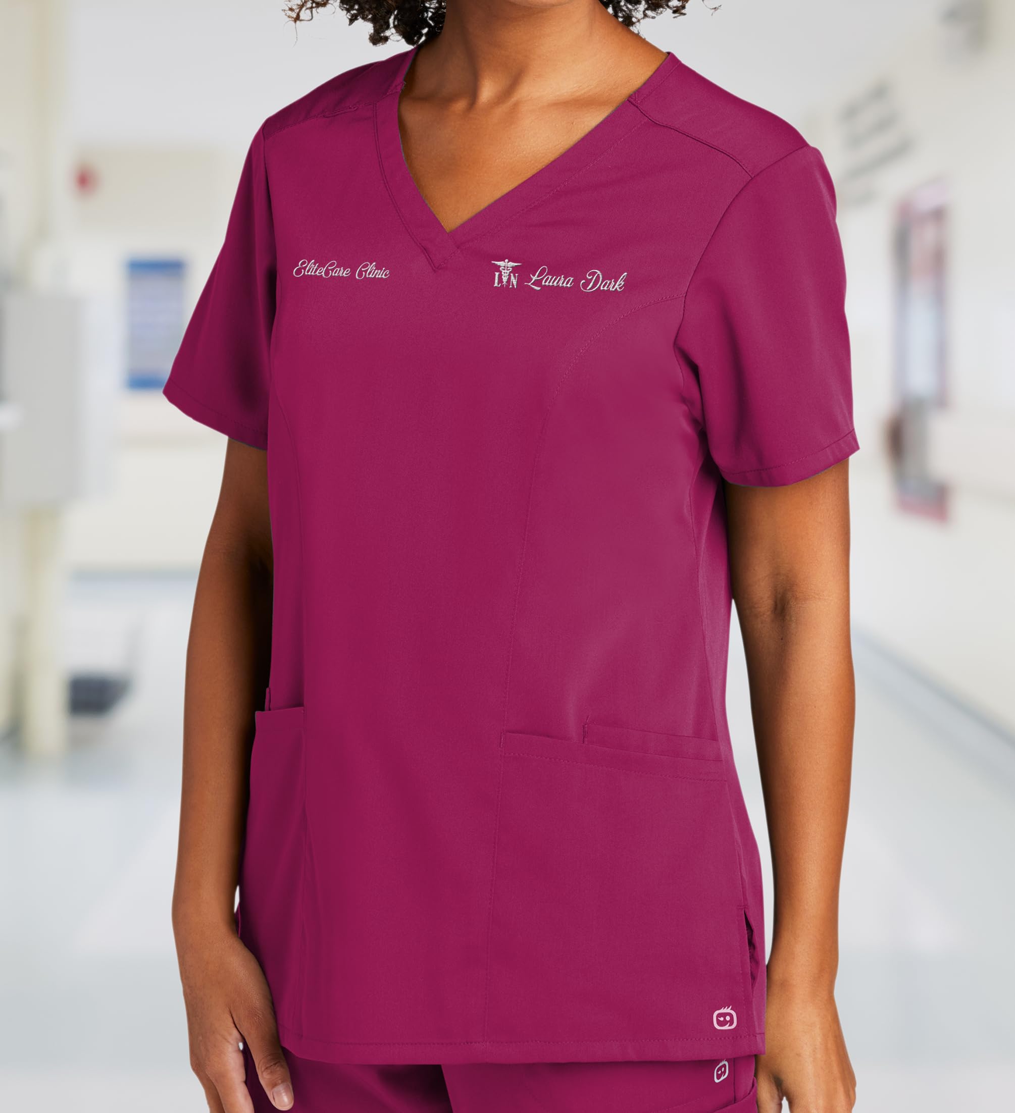Custom Emroidered Scrub Top Add Your Embroidery Text Name Womens Premiere Flex V-Neck Top Wine