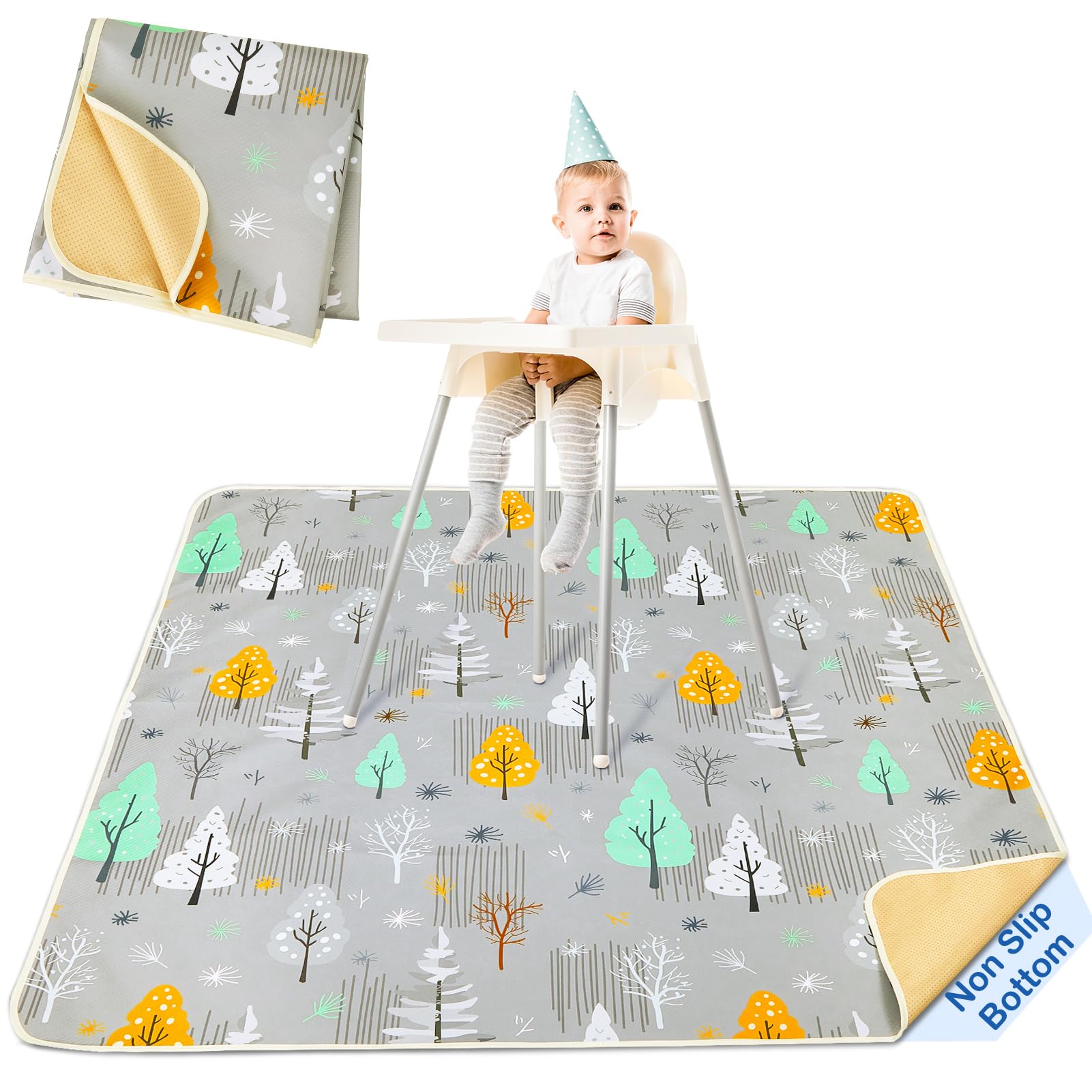 Hochstuhl Bodenmatte Spritzmatte Bodenschutzmatte für Baby,Waschbare Wasserdichter Rutschfester Spritzschutzmatte,Gray Tree,107x117cm