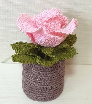 ギフト　お祝い　現品　あみぐるみ　ピンク　花　鉢植え　ブリキ　ぬいぐるみ　鉢 Amazon.co.jp: 『ピンク色の薔薇の花鉢植え』あみぐるみ。かぎ針