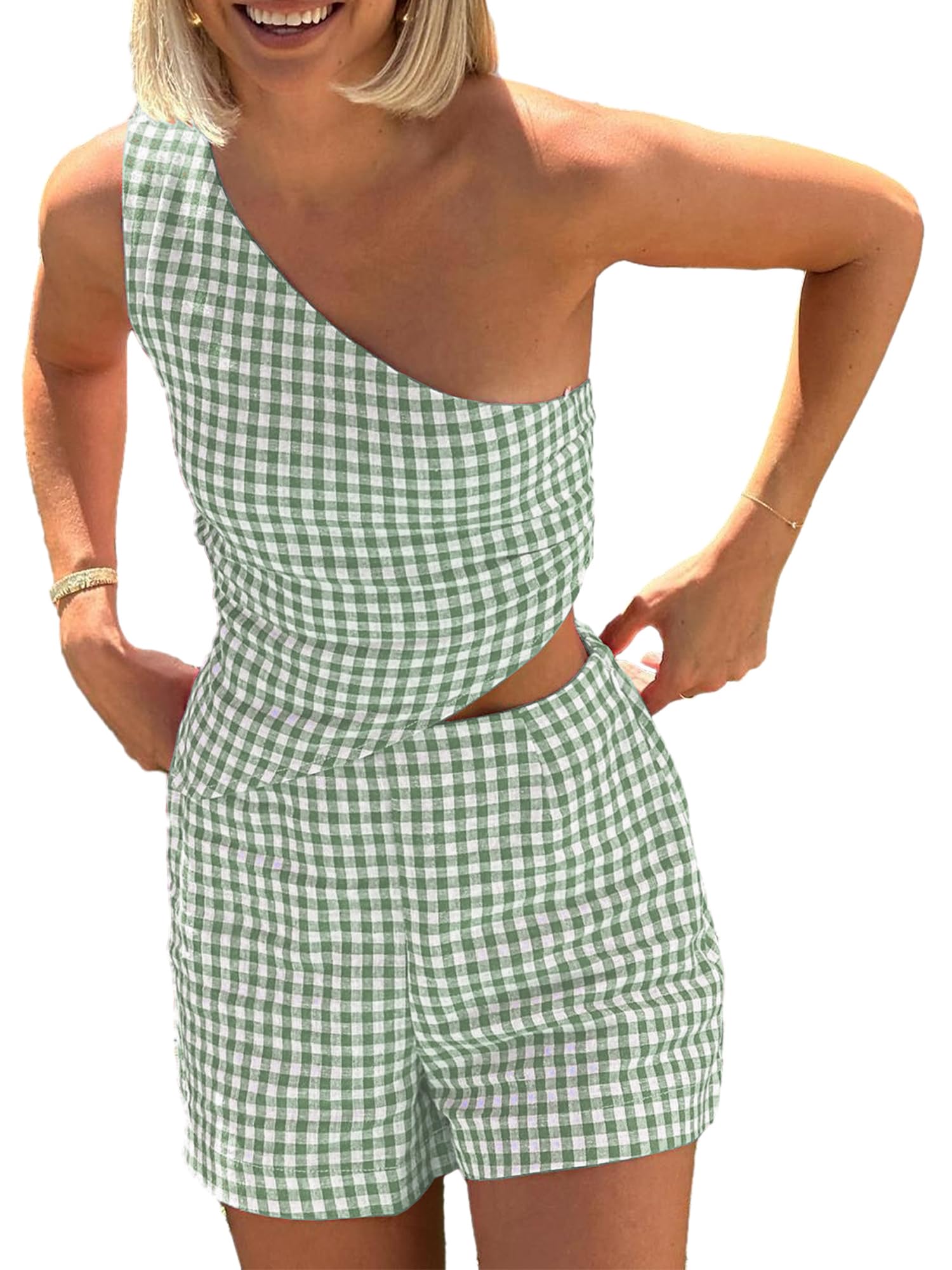 YILEEGOO Women's 2pcs Summer Outfit Gingham Co-ord Set Jumpsuit Plaid One Shoulder Tie Back Crop Tank Top Vest + Shorts Set (Green, S)