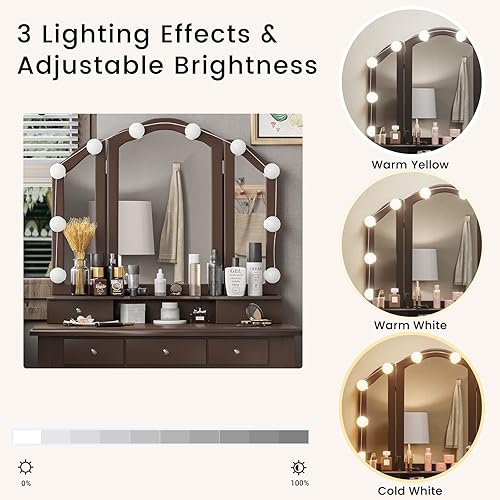 Miniatura 3 de Tiptiper - Escritorio de tocador, juego de tocador de maquillaje con espejo iluminado y taburete, mesa de vestir con 5 cajones, 3 configuraciones de