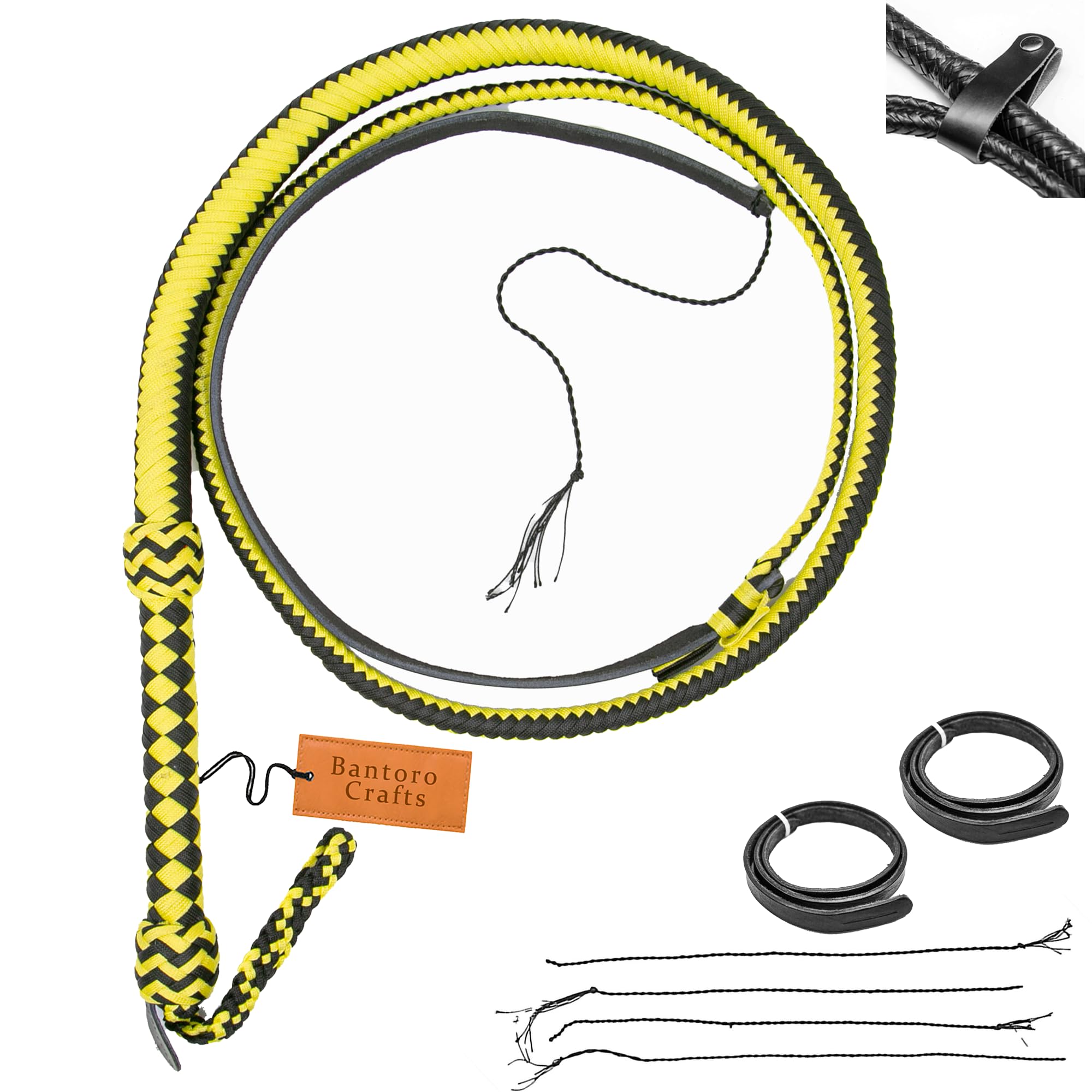 Bantoro Crafts 16 Plait Paracord/Nylon Performance Bullwhip with Reinforced Core Handle Multiple Sizes (Yellow & Black, 6 feet (1.8 meter))