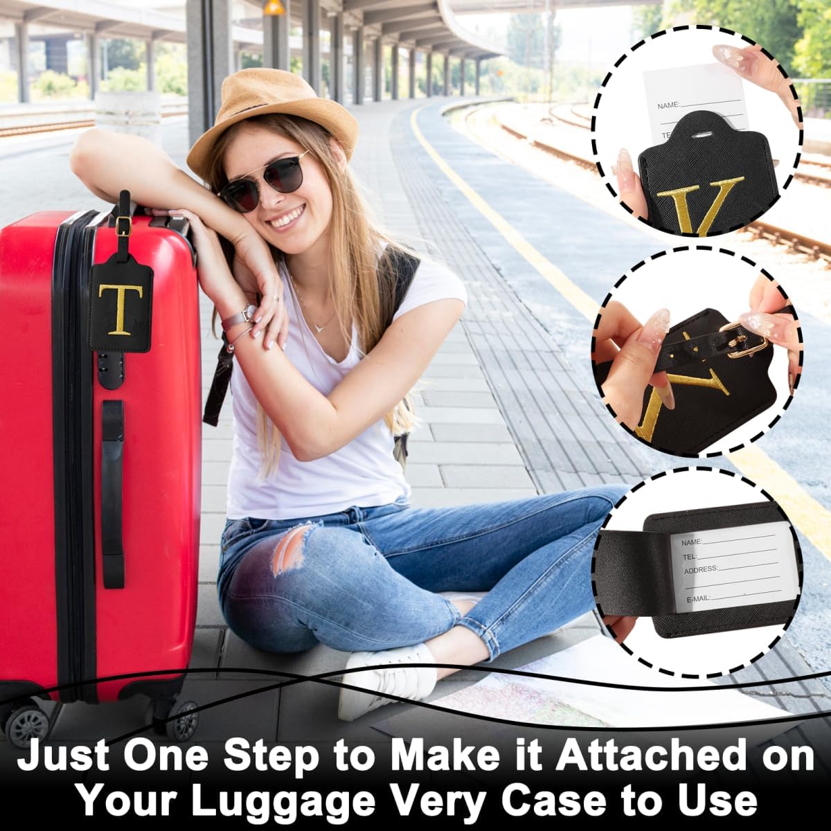 Personalized Initial Luggage Tags for Suitcases,Leather Letter Cute Luggage Tags with Privacy Name Card,Embroidered Monogrammed Travel Bag Backpack Tags Gifts for Women Kids Girls Teens(Black-A) letter-A Black image 5 of 7 B0DFM7NJVR