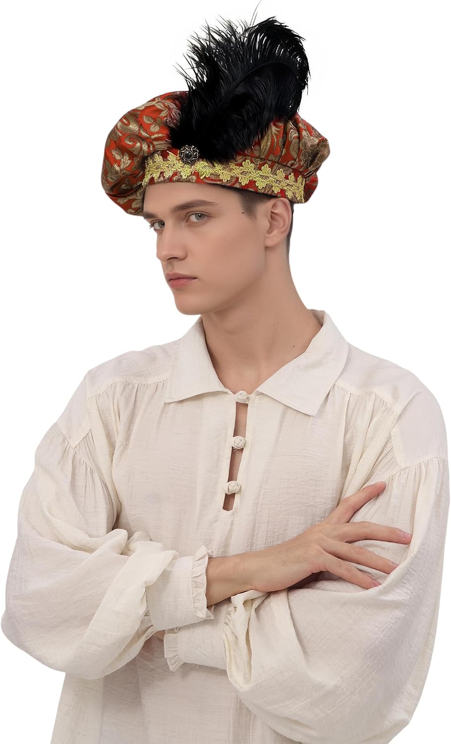 PROCOS Renaissance Tudor Flat Beret Hats with Feather Mens French Beret Hats Painter Cap Classic Medieval Costume