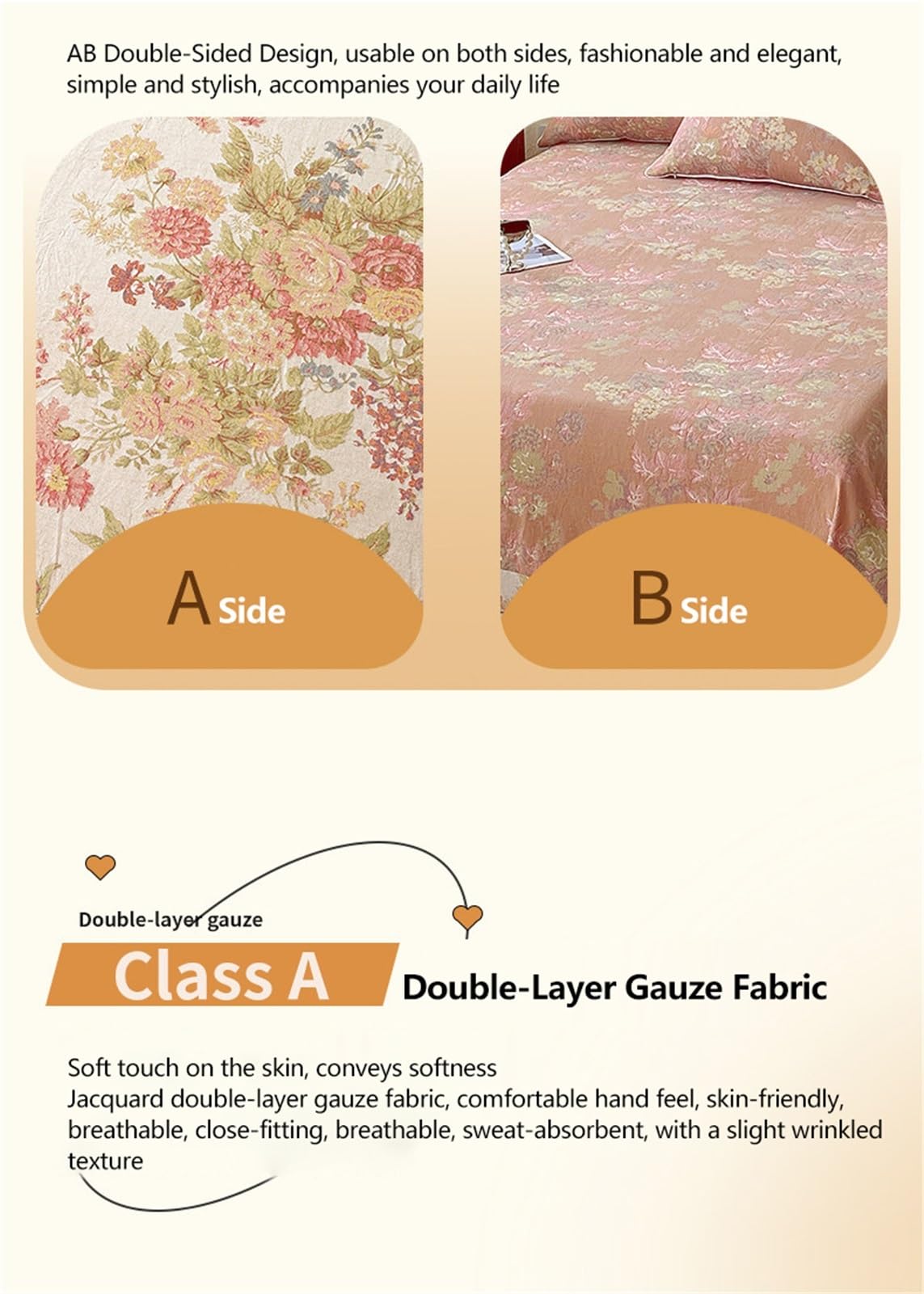 Sábana encimera Cama 90/105/135/150/160/180cm 240x250/270cm de algodón de Gasa Doble refrescante Suave y aireada sensación de Nube sábana Plana Reversible(Flower B,240x270cm+48x74cm x2)