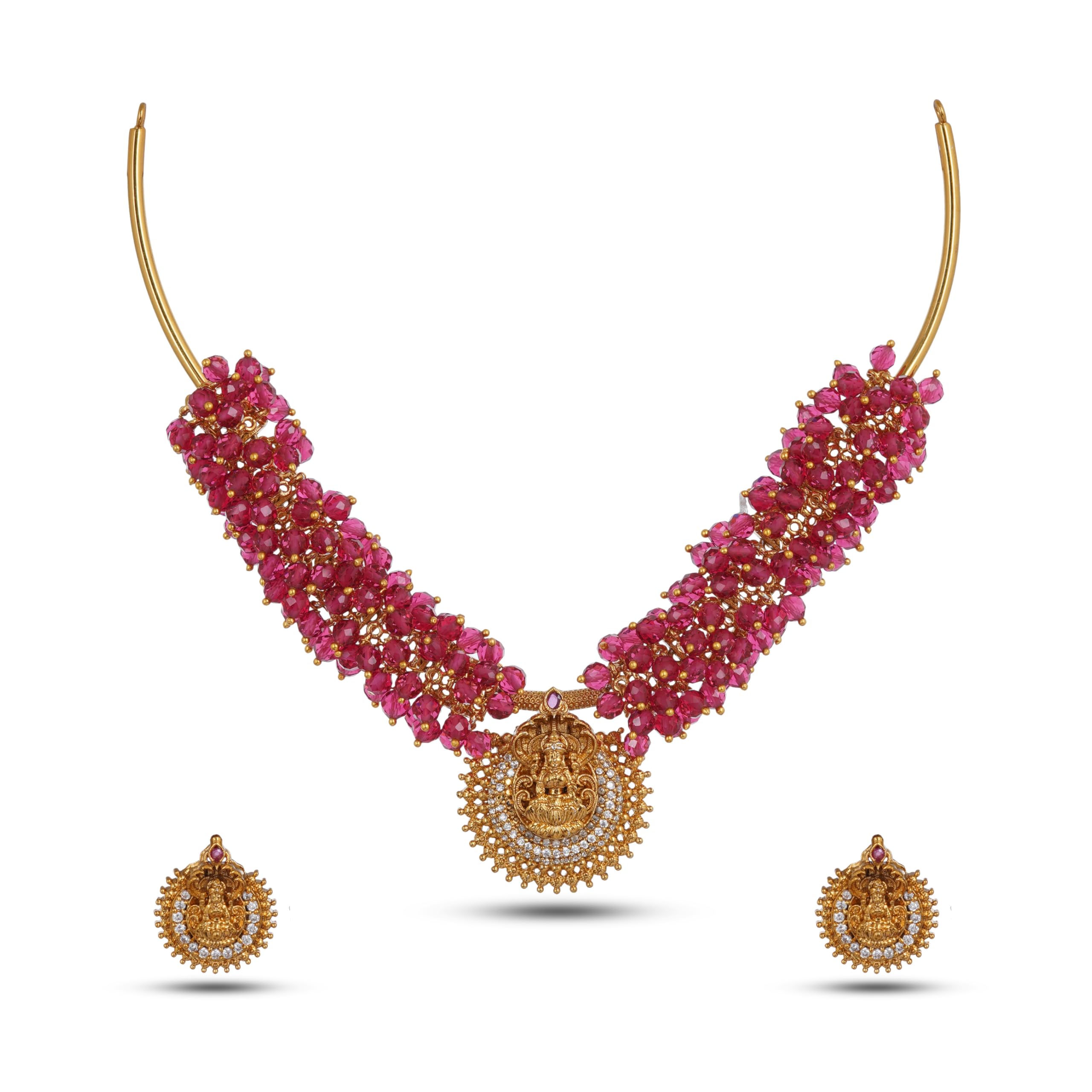 Temple-Inspired Pearl & Bead Cluster Necklace Set with Earrings, Lakshmi Pendant Kante Style Statement Jewellery Set for Women & Girls-image-30