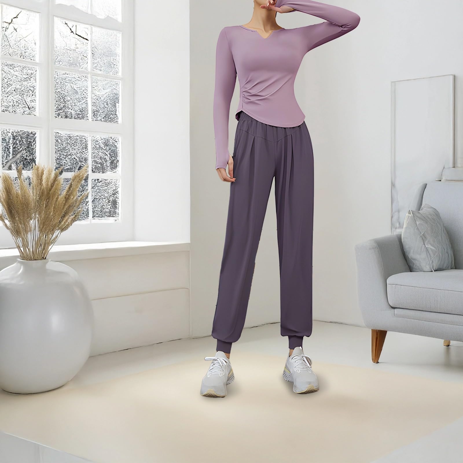 Completo da pilates nero da donna, set da 2 pezzi XXL con pantaloni jogger elastici in vita, morbido misto poliestere-spandex