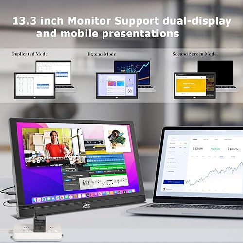 Miniatura 7 de Kenowa Monitor portátil de 13.3 pulgadas FHD 1366x768P LED Pantalla externa con USB-C HDMI, monitor de viaje para Latop PC Phone Mac PS45 Xbox,