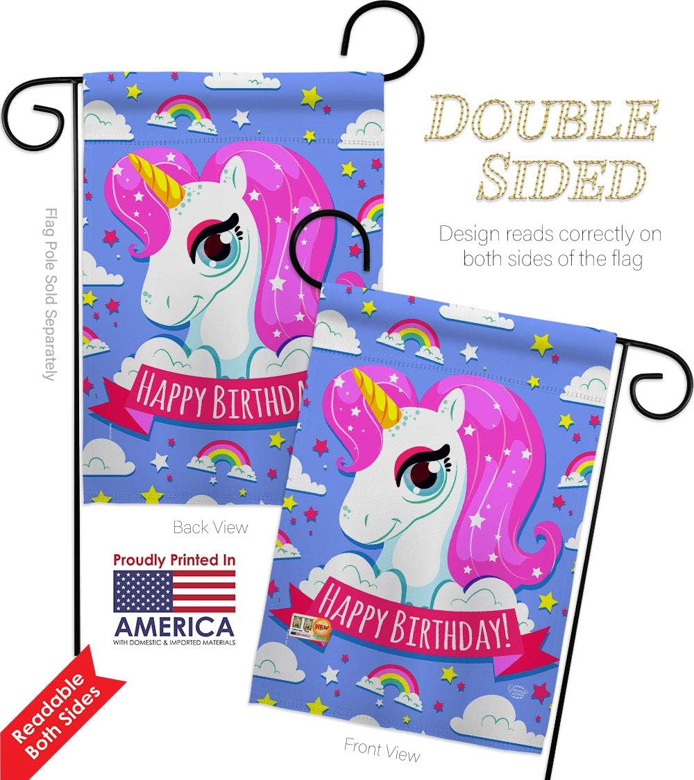 Magical Unicorn Birthday Garden Flag Set Wall Holder Celebration Cake Gift Present Candy Bouquet Occasion Anniversary Party Small Decorative Yard House Banner Double-Sided Made In USA 13 X 18.5