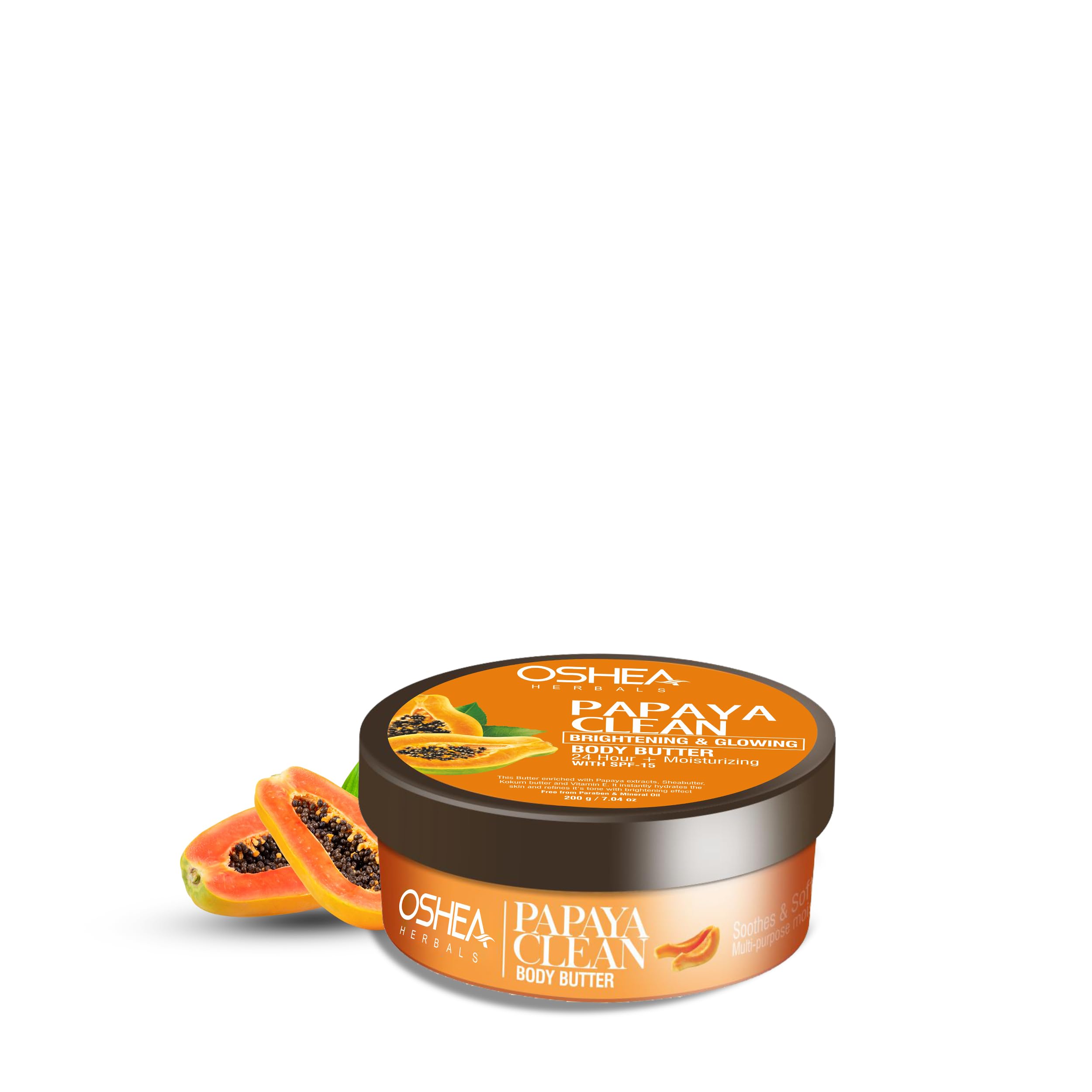 Oshea Herbals Papayaclean Brightening Body Butter for Women & Men | 24+Hrs Hydration & Moisturizing with SPF 15 | Reduce Dry & Dull Skin | Enriched with Shea Butter | Normal Skin Type - 200g