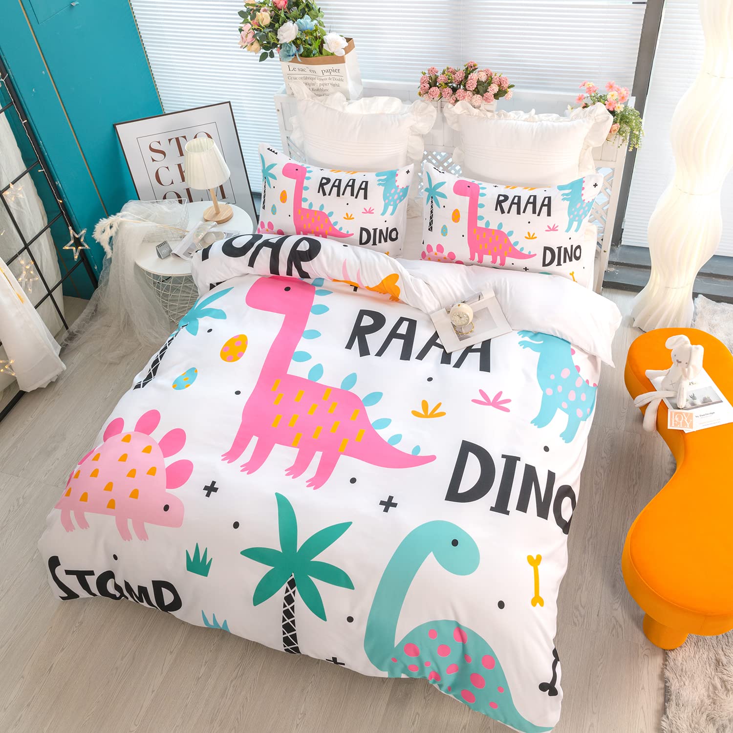 Axolotl Cute Cartoon Duvet Cover Set - Twin Size, Kawaii Dinosaur Bedding Set with Zipper Closure for Boys & Girls, 1 Soft Colorful Dinosaur Quilt Cover and 2 Pillowcases