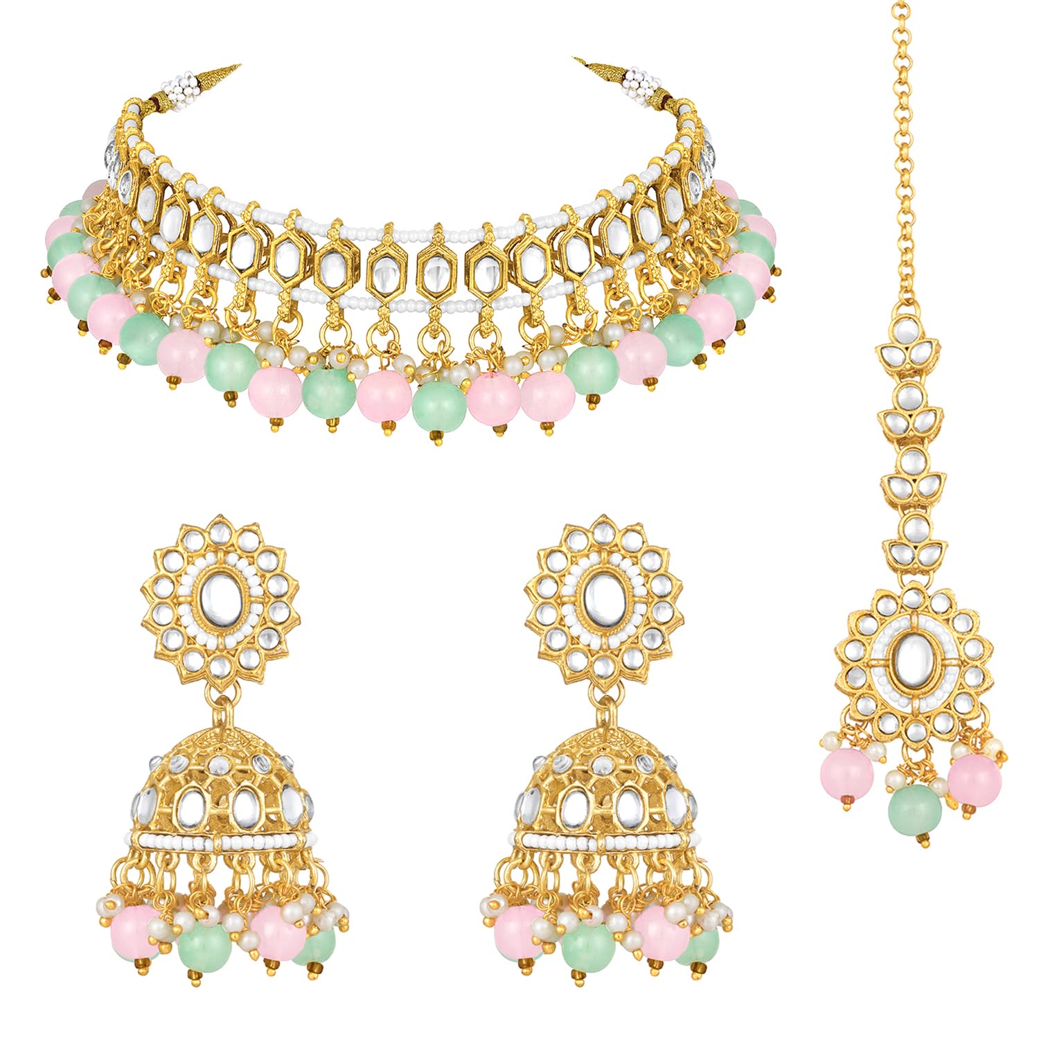 Peora Gold Plated Pink Mint Kundan Studded Choker Necklace Jhumki Earrings & Maangtikka Set Ethnic Stylish Fashion Jewellery Gift for Women Girls (B0CBTRKT5V) Amazon Price History, Amazon Price Tracker