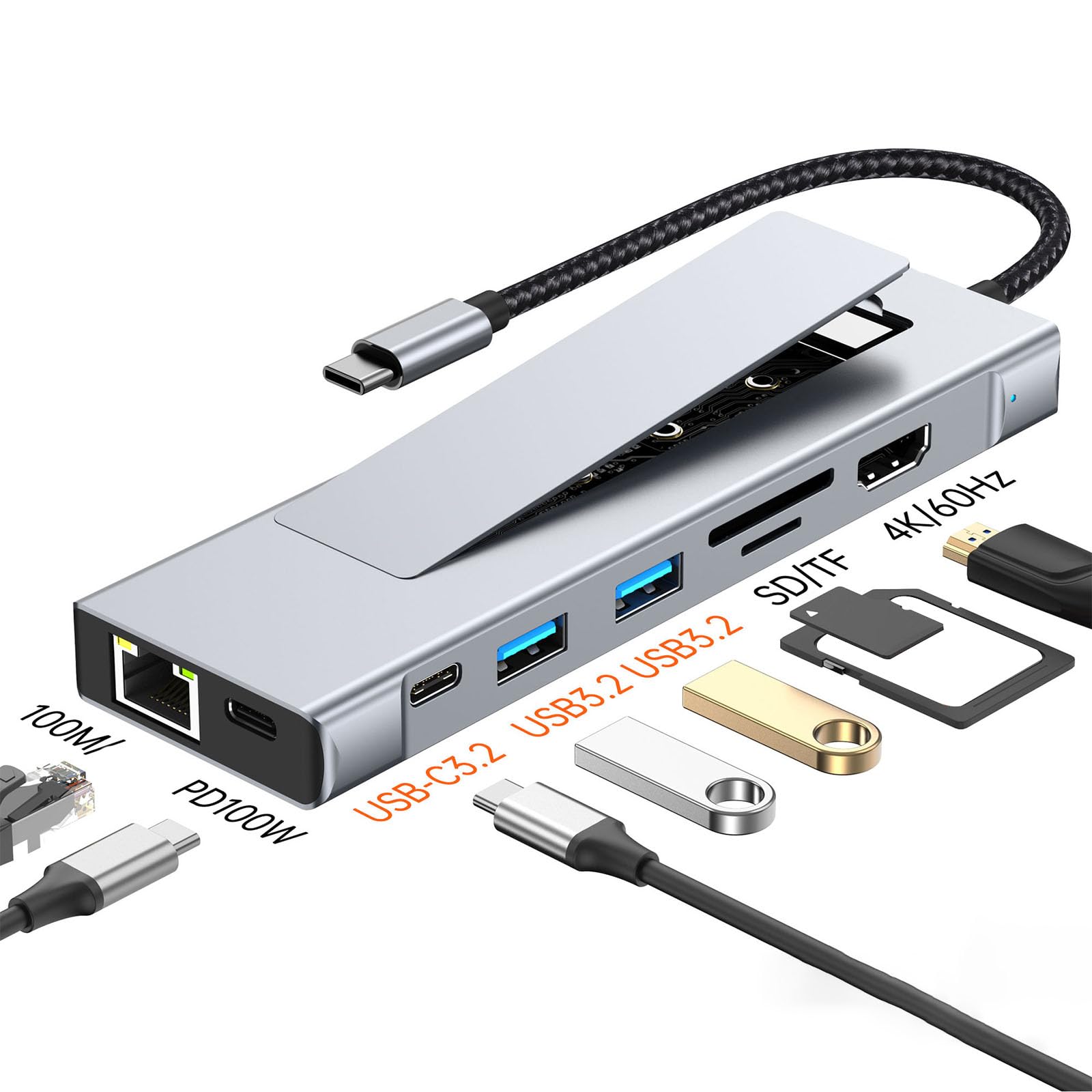 Concentradores USB C con almacenamiento de 100 W de potencia, salida de video 4K, transferencia rápida de datos para PC, laptop, base de múltiples puertos