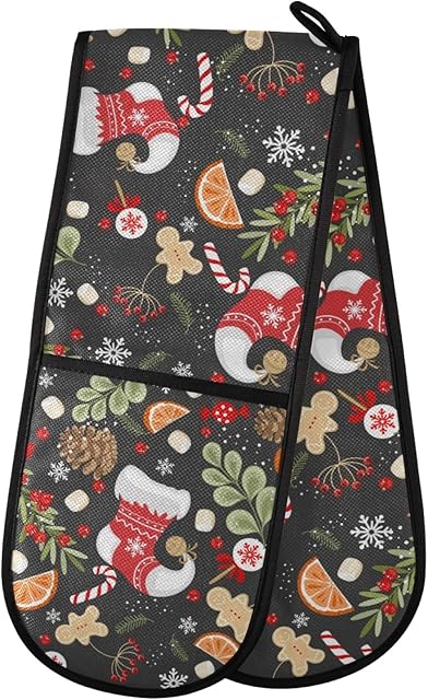 Mnsruu Double Oven Gloves, Christmas Stocking Double Oven Mitts Heat Resistant Kitchen Gloves for Cooking Christmas