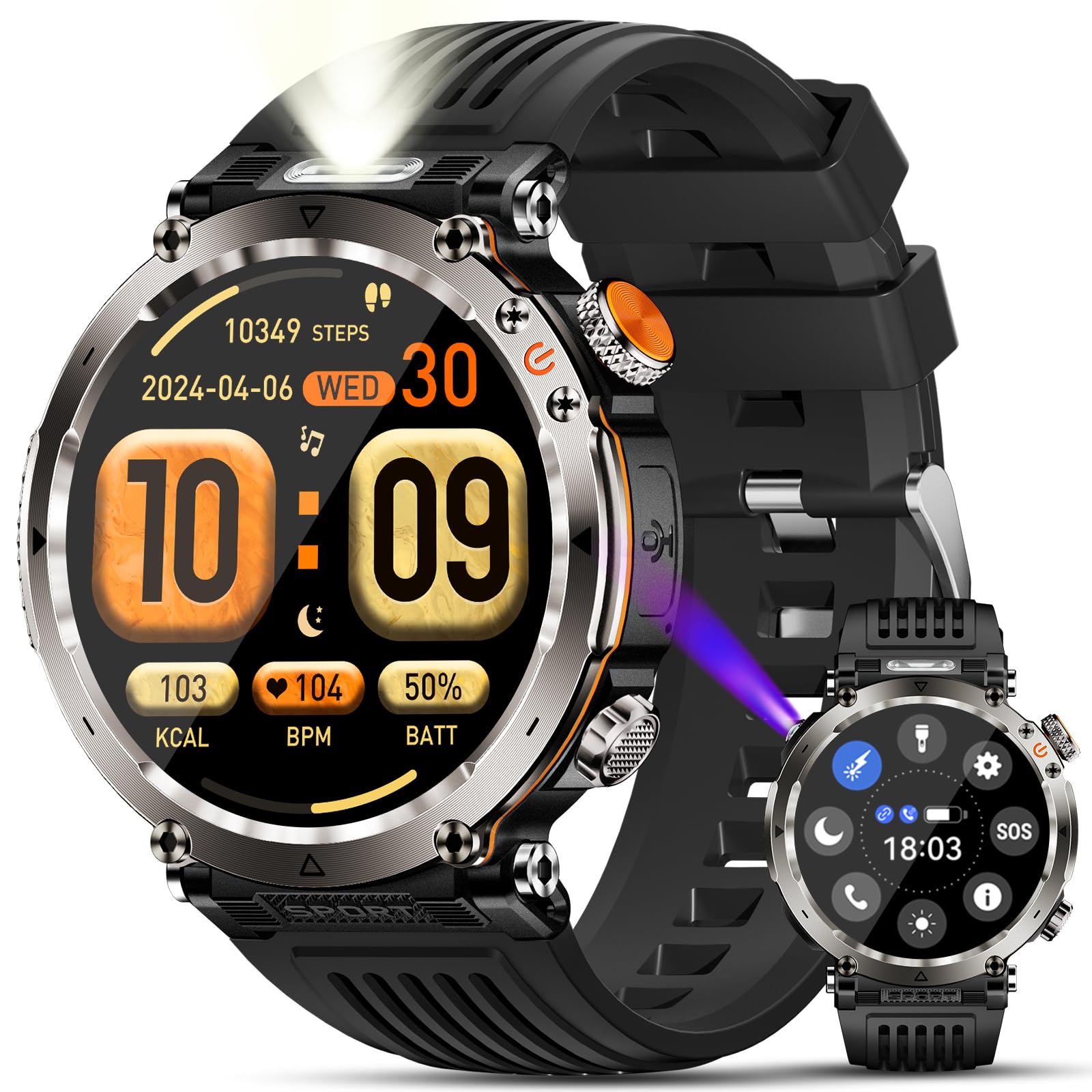 Reloj Inteligente Hombre con LED Linterna,1.7" HD Militar Smartwatch Llamadas Bluetooth,600mAh 110+ Modos Deportivos Pulsera Actividad con 𝐆𝐥𝐮𝐜𝐞𝐦𝐢𝐚/Presion Arterial/Pulsometro/SpO2 (Negro)