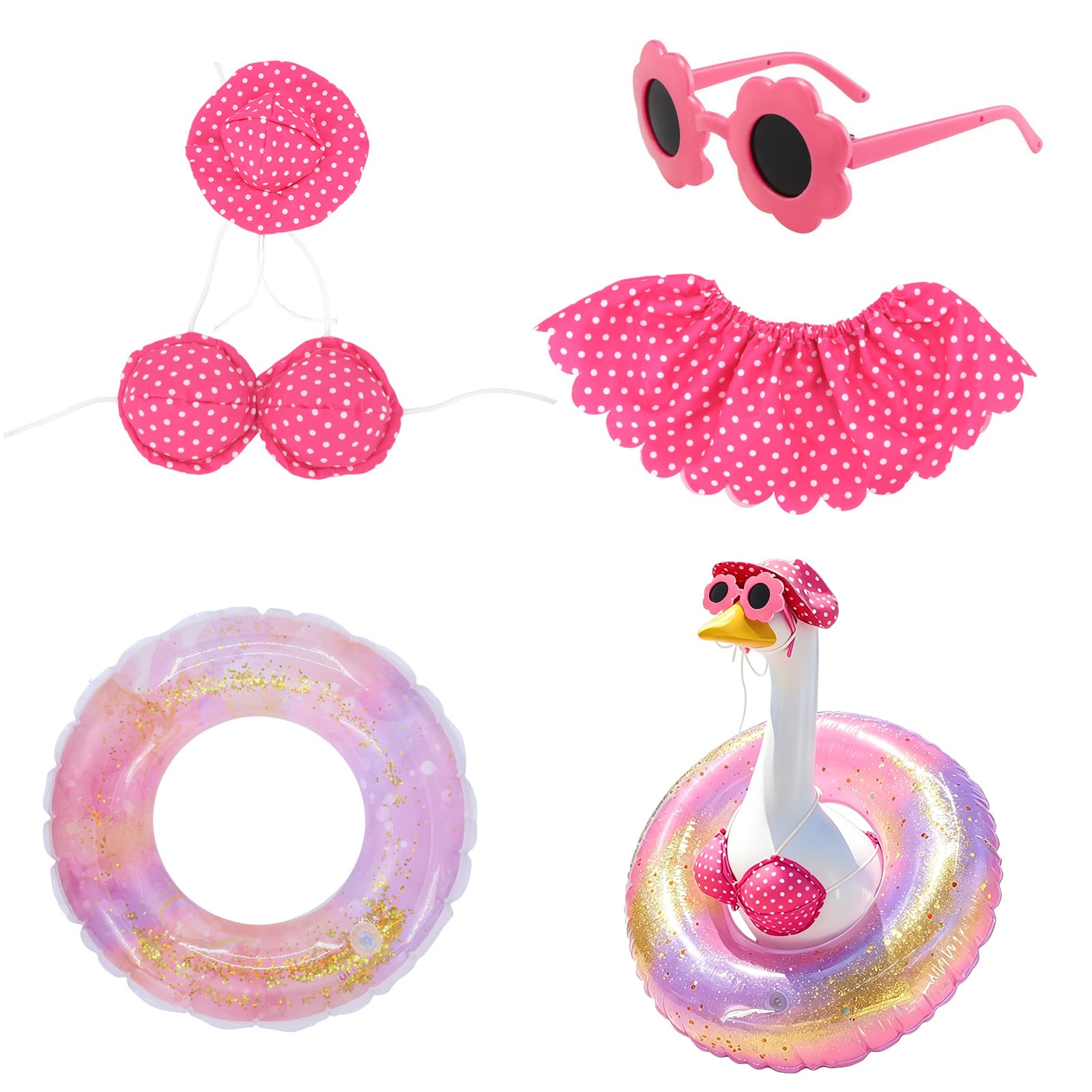 Porch Goose Bikini Outfits, Novelty Duck Costume, 23 Inch Goose Statue Clothes with Hat Sunglasses Swim Ring, Cute Porch Goose Summer Swim Outfit, for Outdoor Garden Yard Lawn Patio Decor (Pink)