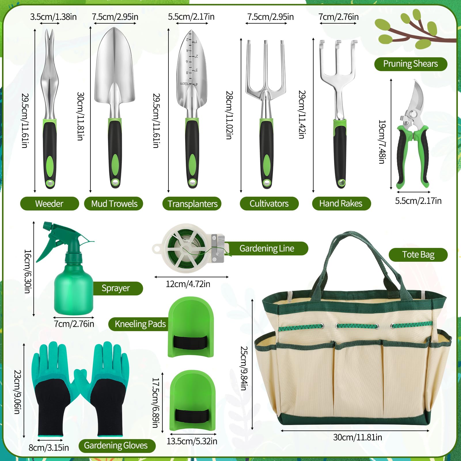 Juego de herramientas de jardín, 11 piezas de acero inoxidable, suministros de jardinería resistentes con mango verde y negro, regalos para mujeres