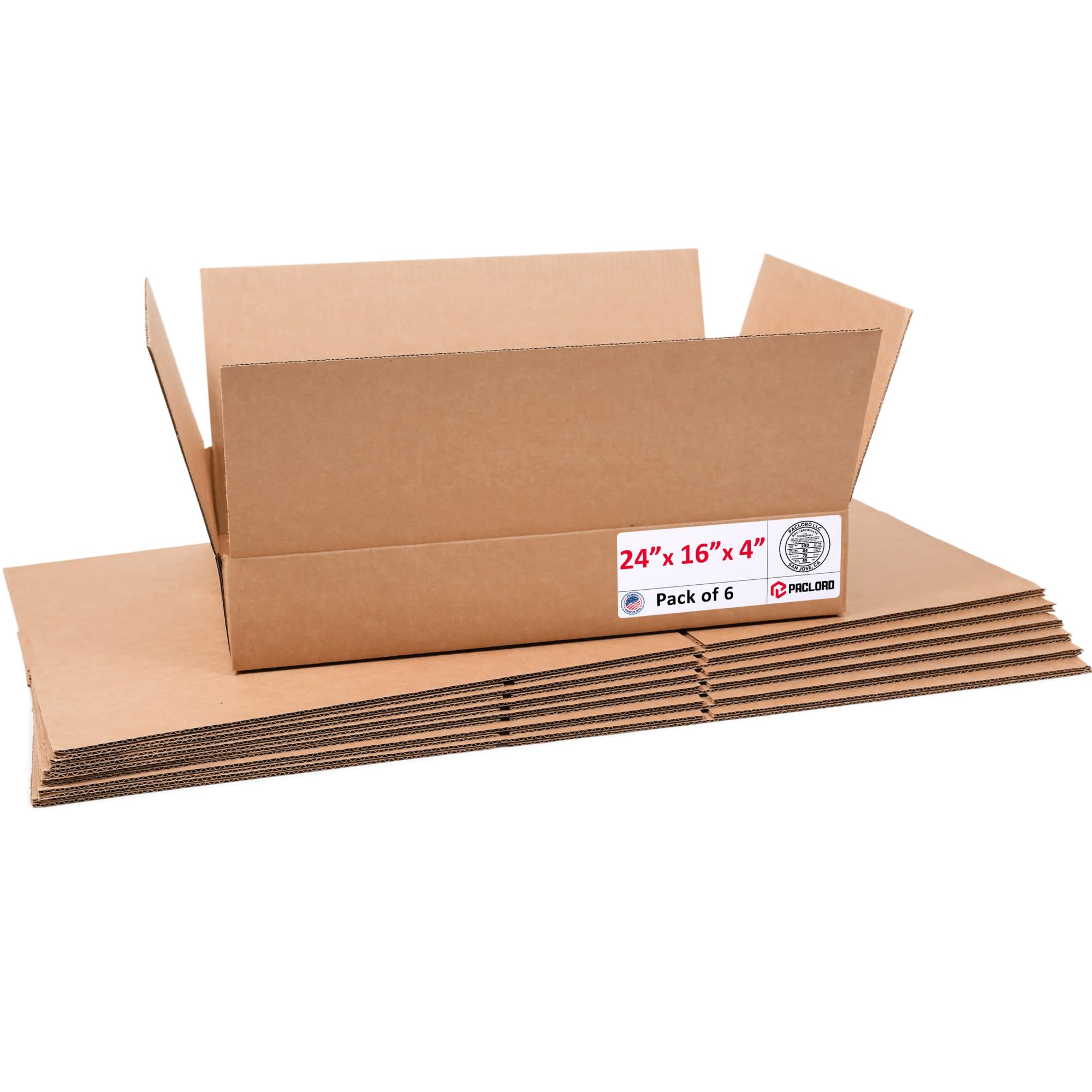 Flat Cardboard Boxes 24"L x 16"W x 4"H (Pack of 6) - USA-Made Packing Boxes for Moving, Shipping, or Storage - USPS, UPS, FedEx Approved - Professional Packing Supplies for Moving | USA-Made Packing Boxes for Moving, Shipping, or Storage - USPS, UPS, FedEx Approved - Professional Packing Supplies