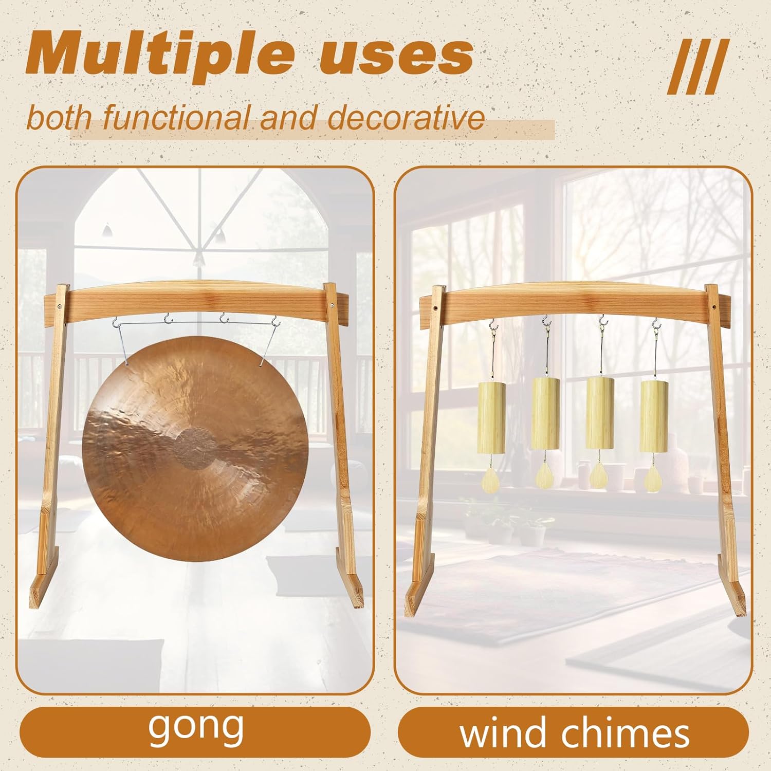 Cinnvoice 14" Gong Stand Wood Wind Chimes Stand with Base for 1 Gong or 4 Chimes, Portable Multipurpose Easy Assembly, about 25 x 24 x 12 Inches, for Sound Healing, Meditation, Yoga