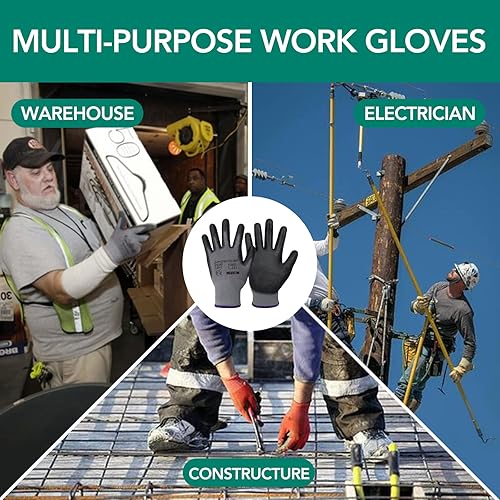 Miniatura 3 de Guantes de trabajo con revestimiento de poliuretano, 12 pares, guantes de jardín finos para hombres y mujeres, ideales para trabajo ligero