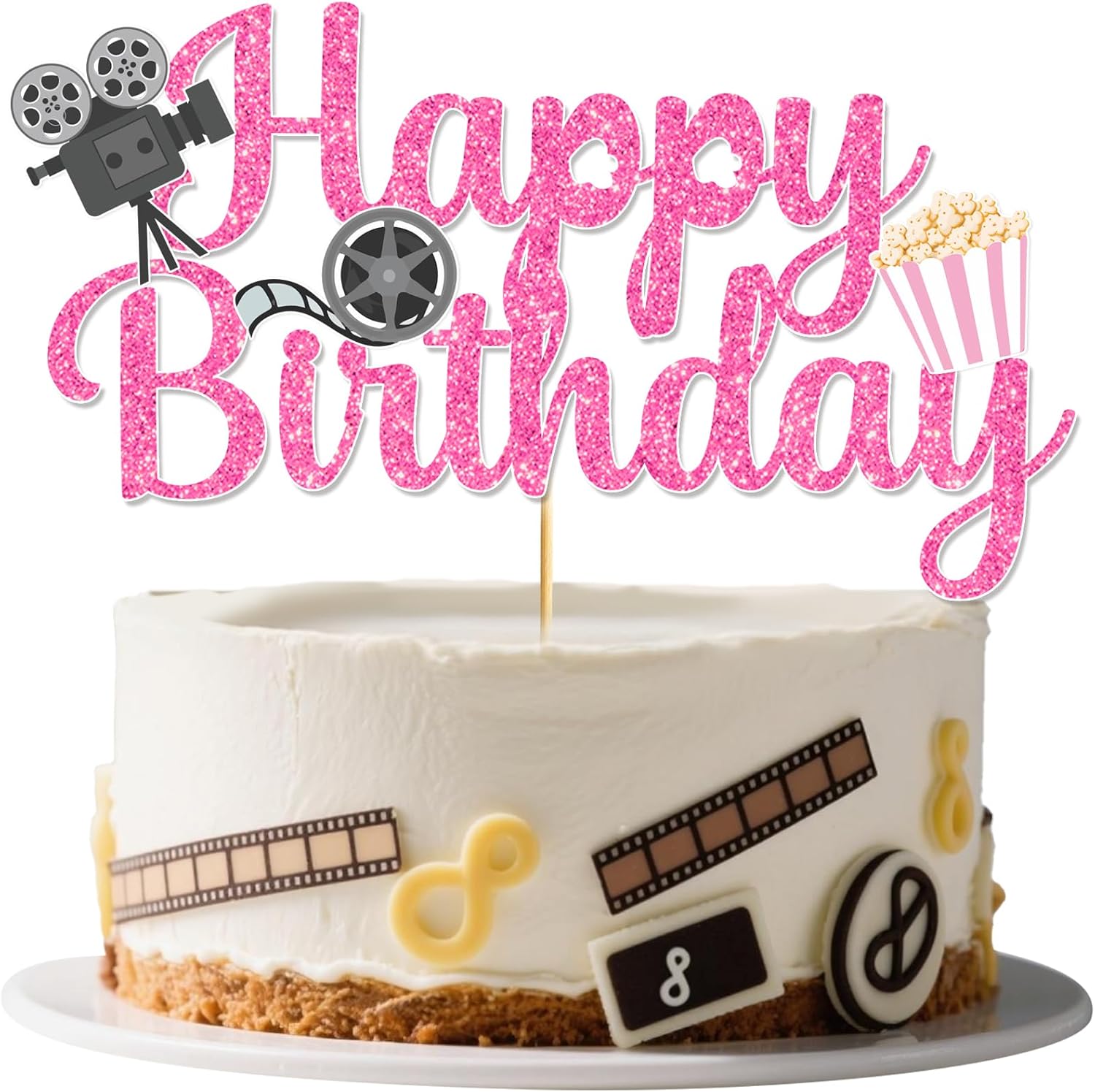 Movie Night Happy Birthday Cake Toppers Film Themed Cake Decorations Movie Night Birthday Party Decorations Glitter Pink