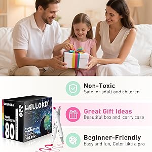 WELLOKB Alcohol Markers Set, 80 Colors Dual Tip Art Markers with Broad and Fine Tips for Adult Coloring Books, Drawing, Illustration, Sketching, No Bleed Ink Supplies