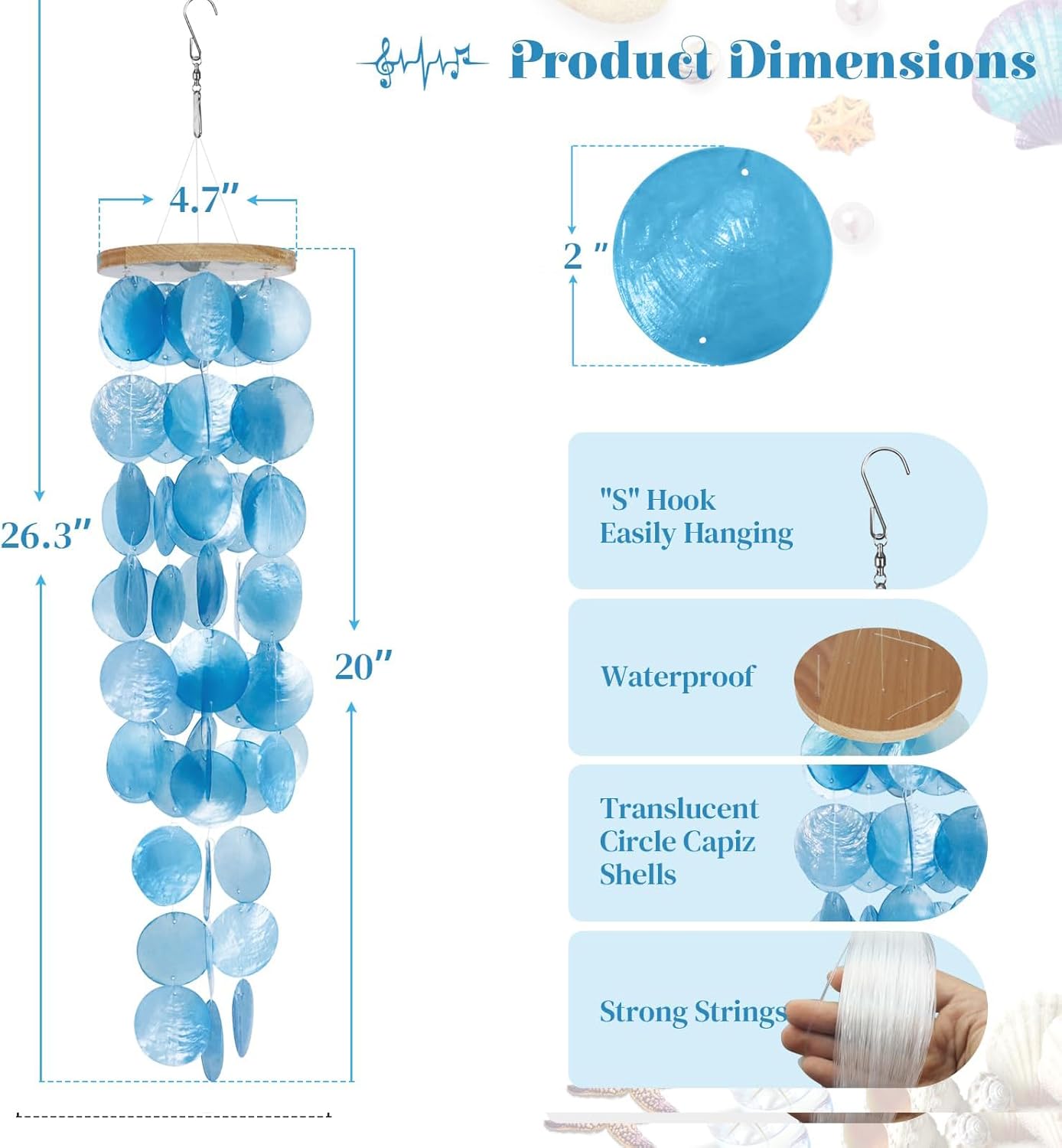 Capiz Shell Wind Chime for Outside 28” Sea Glass Wind Chime Ocean/Beach Themed Chime Gift for Women Mother’s Day Decoration Blue