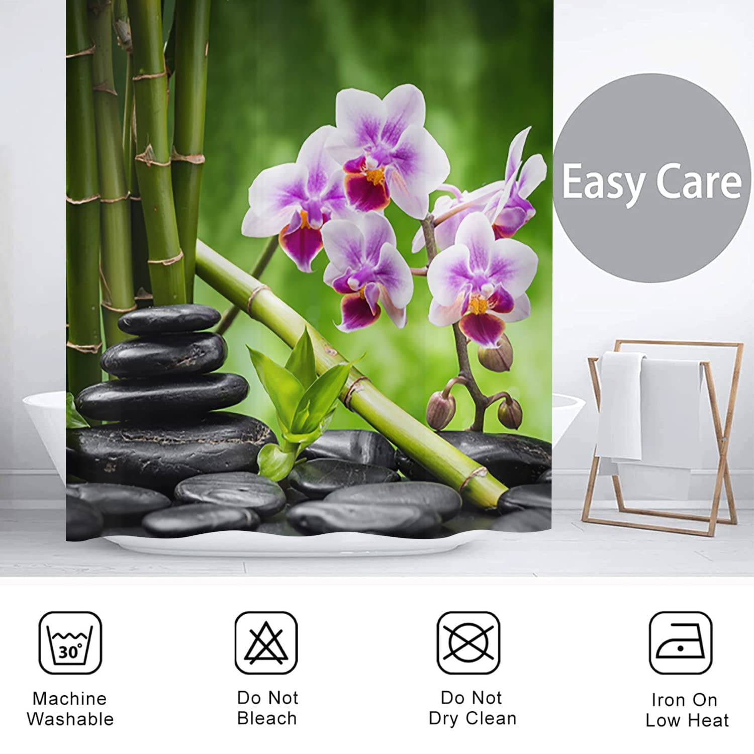 Tenda da doccia giardino zen 180x240, Hnmdmyi Spa verde bambù nero pietra viola fiore tenda da bagno giapponese meditazione rilassante impermeabile poliestere tessuto lavabile tenda da bagno con ganci