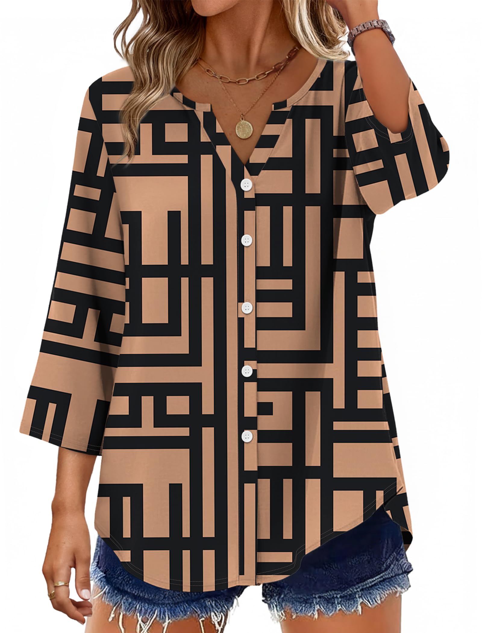OFEEFAN Button Down Shirts for Women 3/4 Length Sleeve Tops V Neck Blouses Business Casual Outfits Loose Fit