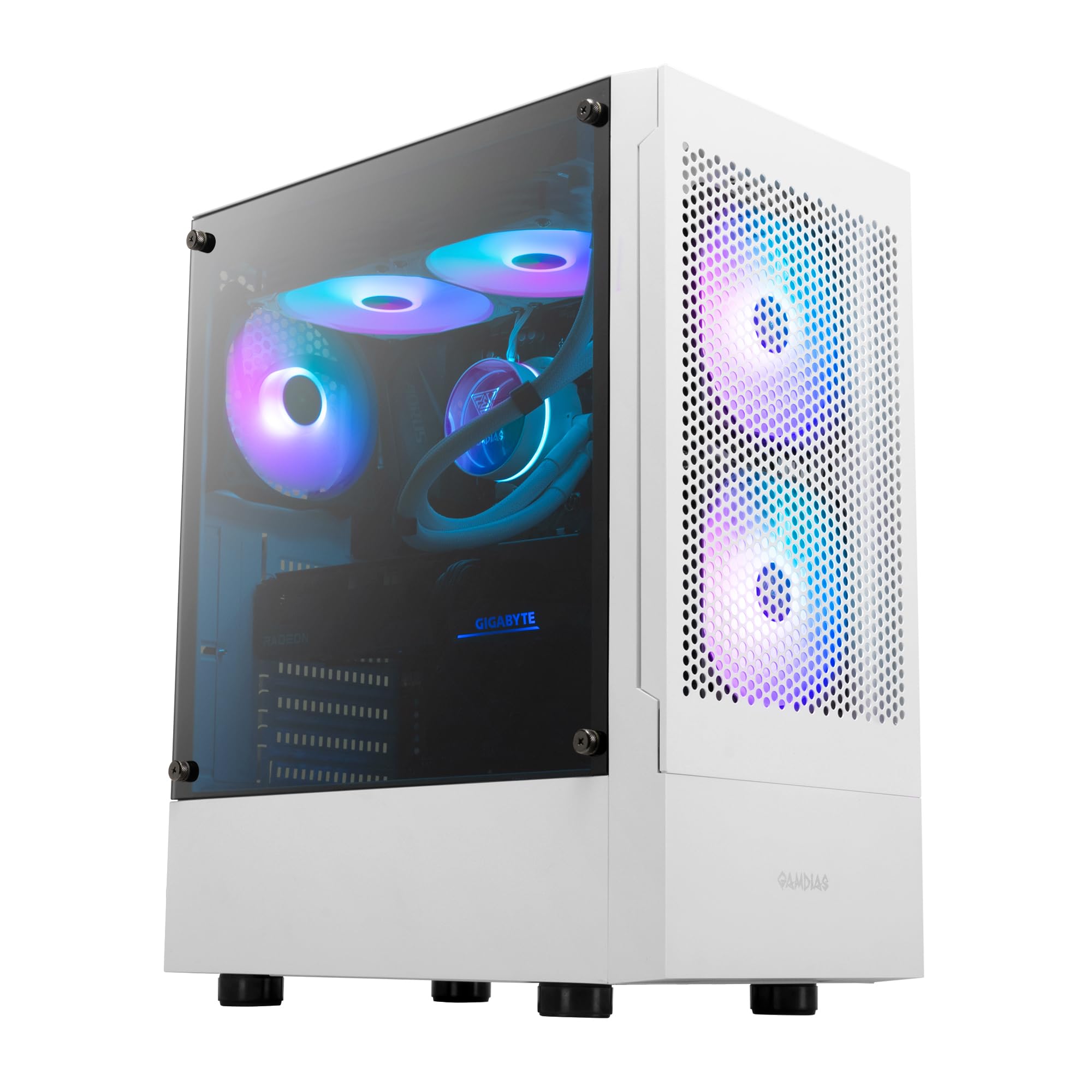 GAMDIAS ATX Mid-Tower Gaming-PC-Gehäuse, Enthält 3 x 120 mm ARGB-Lüfter, High Airflow Mesh Front, Gehärtetes Glas-Seitenteil, PSU-Abdeckung, Weiß
