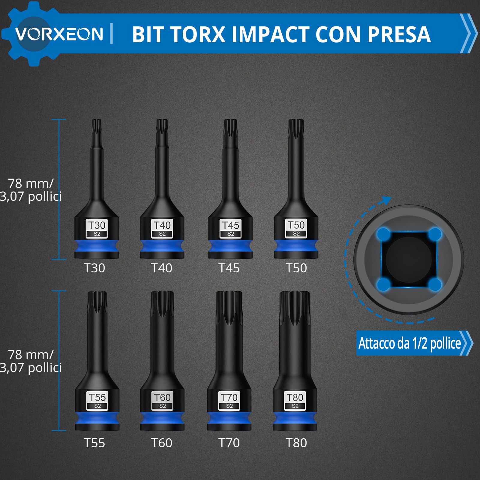 8PCS 1/2" Bussole per Avvitatore a Torx ad Impulsi, Set S2 in Acciaio Legato con Custodia da T30 -T80 Adattatori per Bussole a Torx a Percussione Adatto per Chiavi Pneumatiche, Pneumatico ed Elettrico
