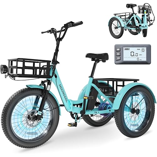 MOONCOOL Electric Tricycle for Adults, 500W/750W 48V 20" Folding Electric Trike Peak Power 1100W, 3 Wheels Electric Bicycle, Aluminum Frame Electric Tricycle with Large Basket and Removable Battery