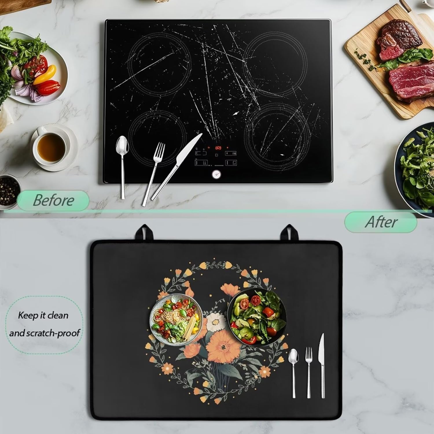 Electric Stove Top Cover Induction Cooktop Mat Anti-Scratch Glass Ceramic Top Stove Cover Protector Polyester Surface Rubber Backing Flat Top Stove Cover, 29 x 21 Inch, Floral Black