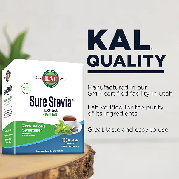 KAL Sure Stevia Plus Monk Fruit Sweetener - Great Tasting, Zero Calorie Sugar Free Sweetener - Low Glycemic, Perfect for a Keto Diet or Low Carb Diet, 60-Day Guarantee, 3.5oz, 100 Single-Serve Packets 4
