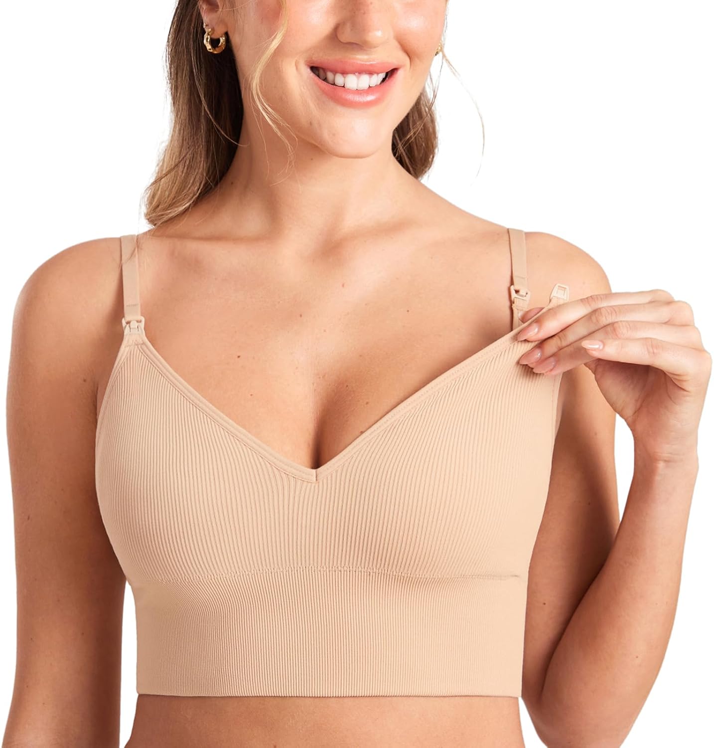 MOMANDA Ribbed Wireless Nursing Bras for Breastfeeding Longline Maternity Sleep Bra V Neck Comfort