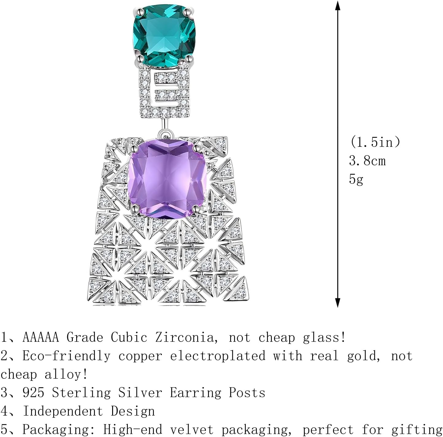 S925 Sterling Silver Posts Square Crystal Dangle Earrings for Women Drop Cubic Zirconia Statement Earrings Fashion Jewelry Gift for Wedding Prom Party - Image 4