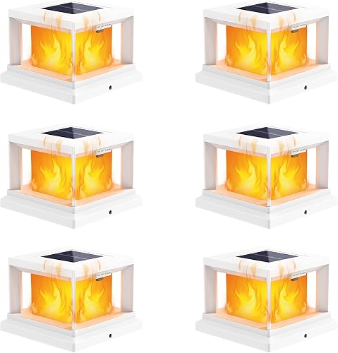 Brightever 4x4 Solar Flame Post Lights Outdoor, 6 Pack Post Solar Lights