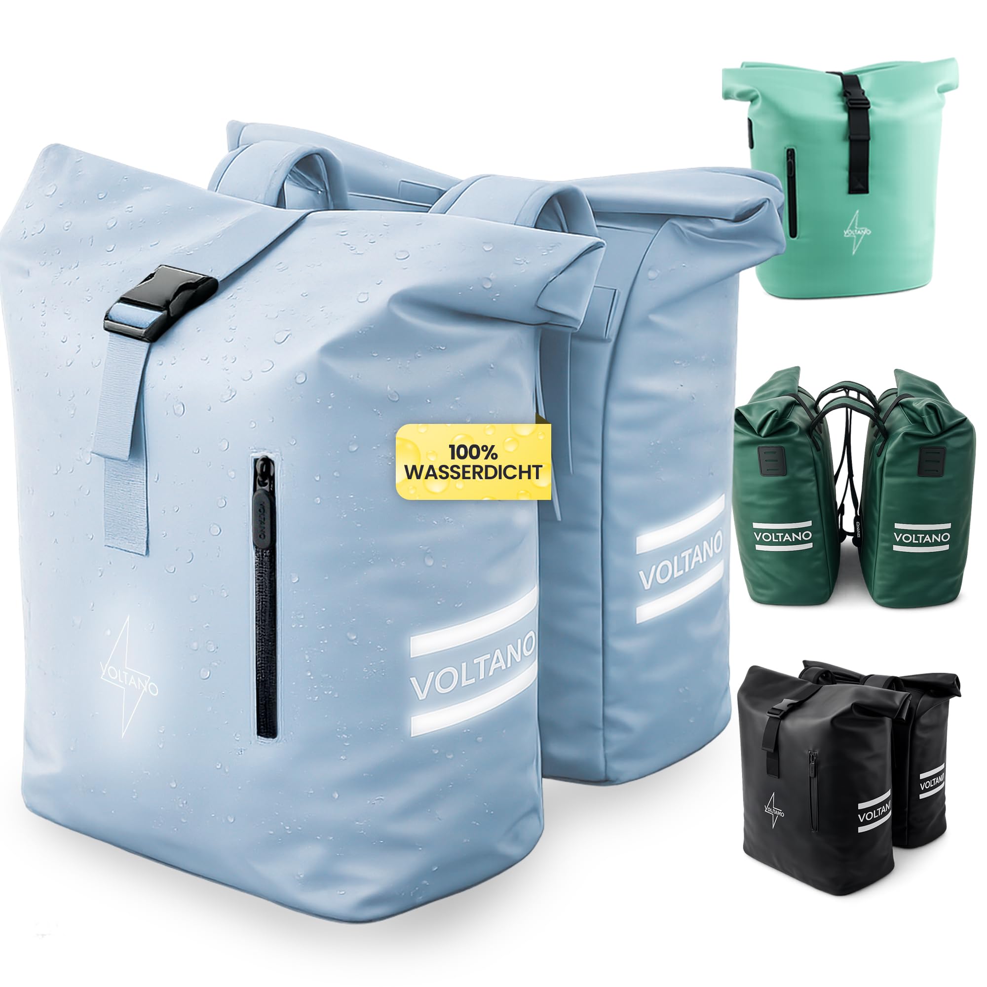 Fahrradtaschen für Gepäckträger 48 Liter 2er Set Rolltop - Eisblau | Fahrradtasche wasserdicht [4 Fächer Rolltop] - Gepäckträgertaschen [Rackmontage] - Doppeltasche abnehmbar für E-Bike